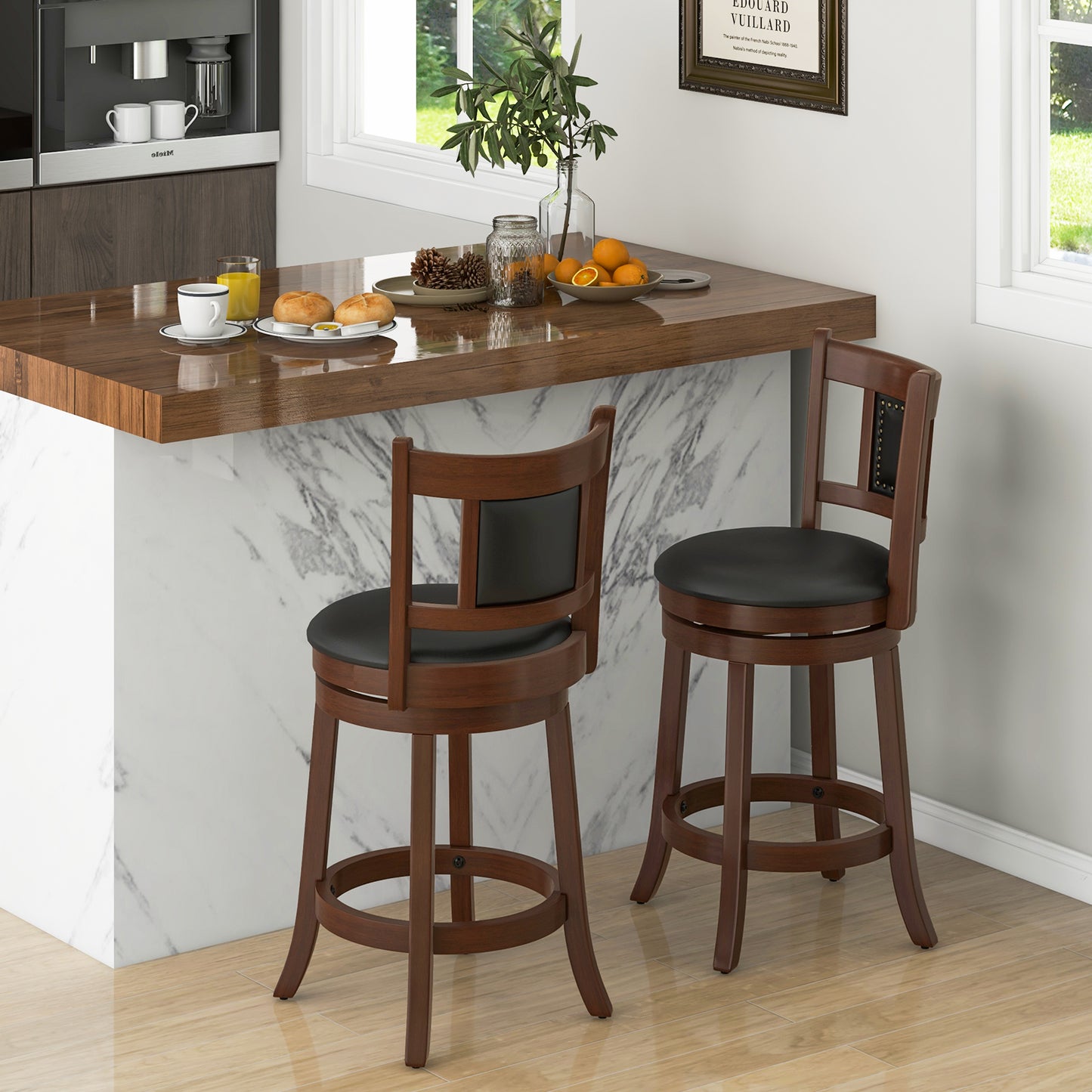 Upholstered Swivel Counter Height Bar Stools Set of 2 with Footrest and Curved Back, 25.5 Inch