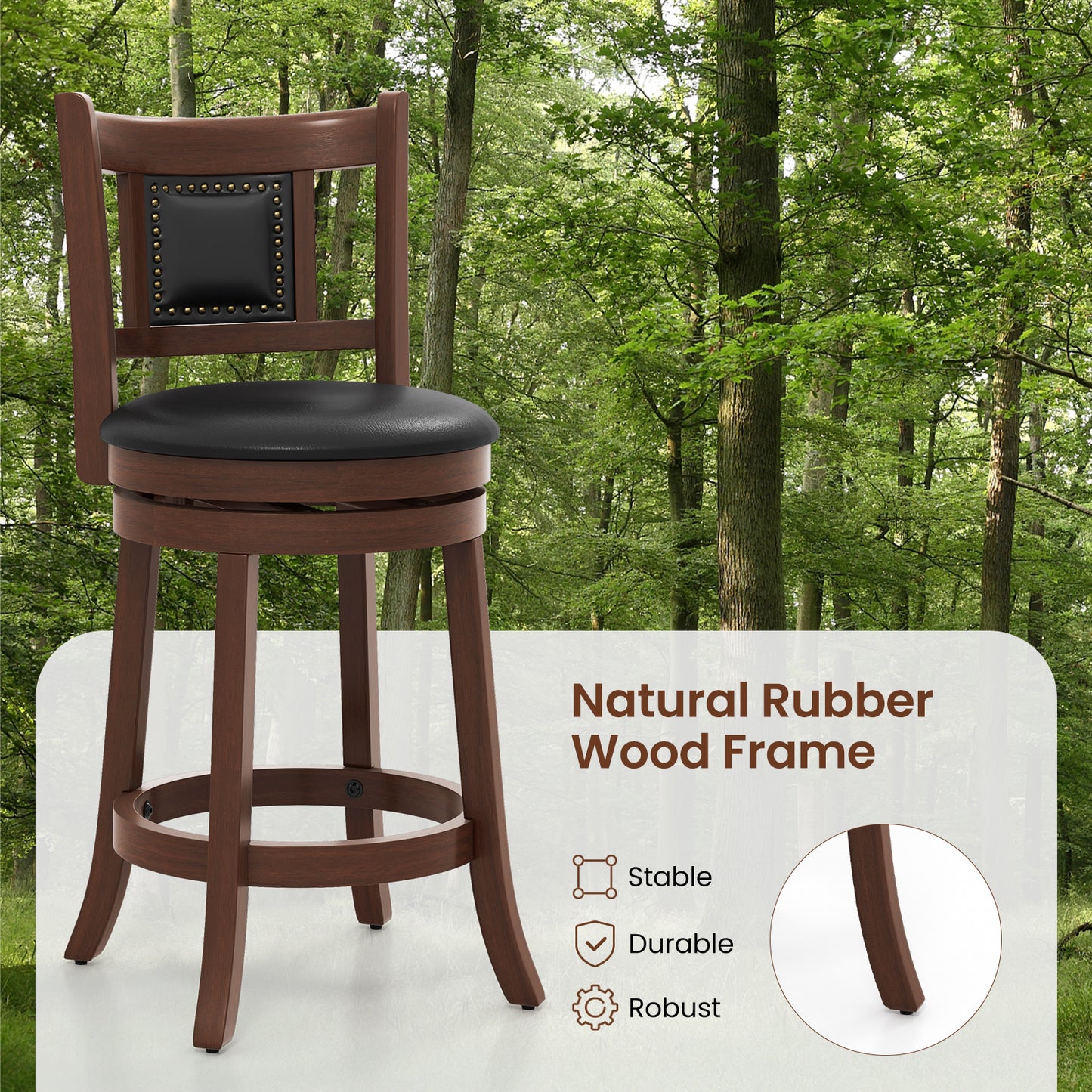 Upholstered Swivel Counter Height Bar Stools Set of 2 with Footrest and Curved Back, 25.5 Inch