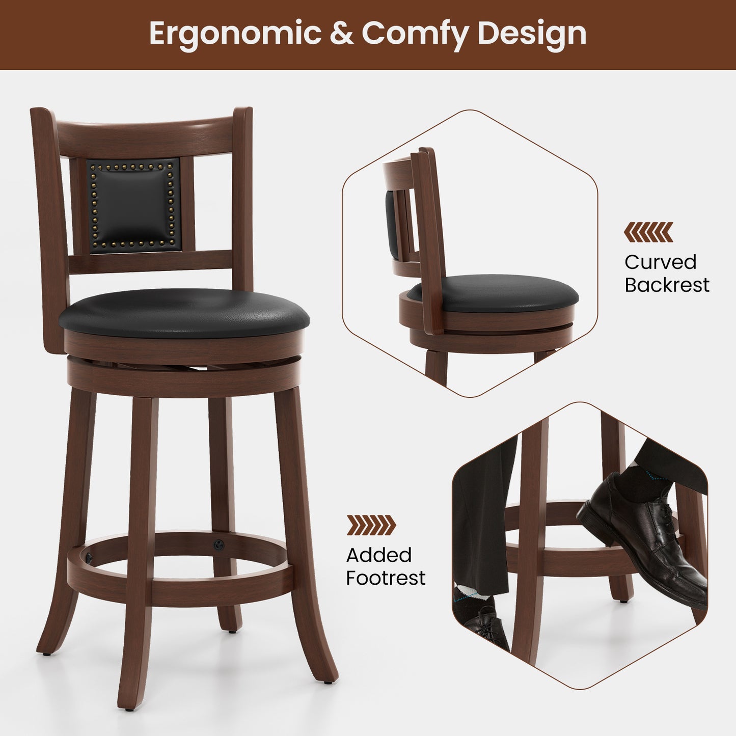 Upholstered Swivel Counter Height Bar Stools Set of 2 with Footrest and Curved Back, 25.5 Inch