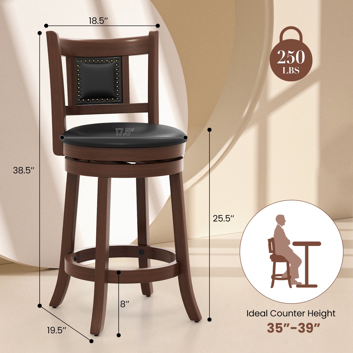 Upholstered Swivel Counter Height Bar Stools Set of 2 with Footrest and Curved Back, 25.5 Inch