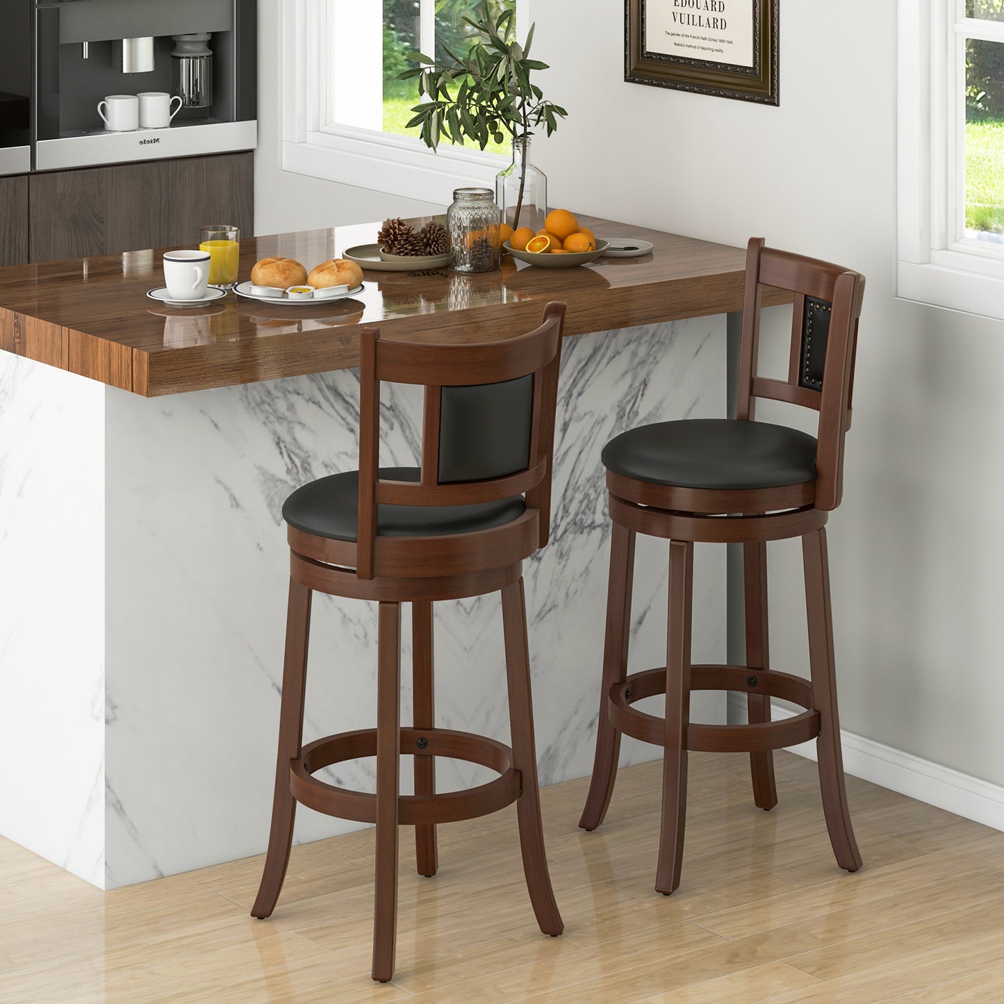 Upholstered Swivel Counter Height Bar Stools Set of 2 with Footrest and Curved Back, 30.5 Inch