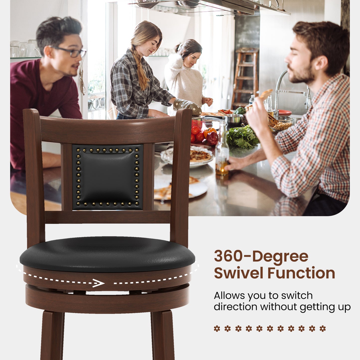 Upholstered Swivel Counter Height Bar Stools Set of 2 with Footrest and Curved Back, 30.5 Inch