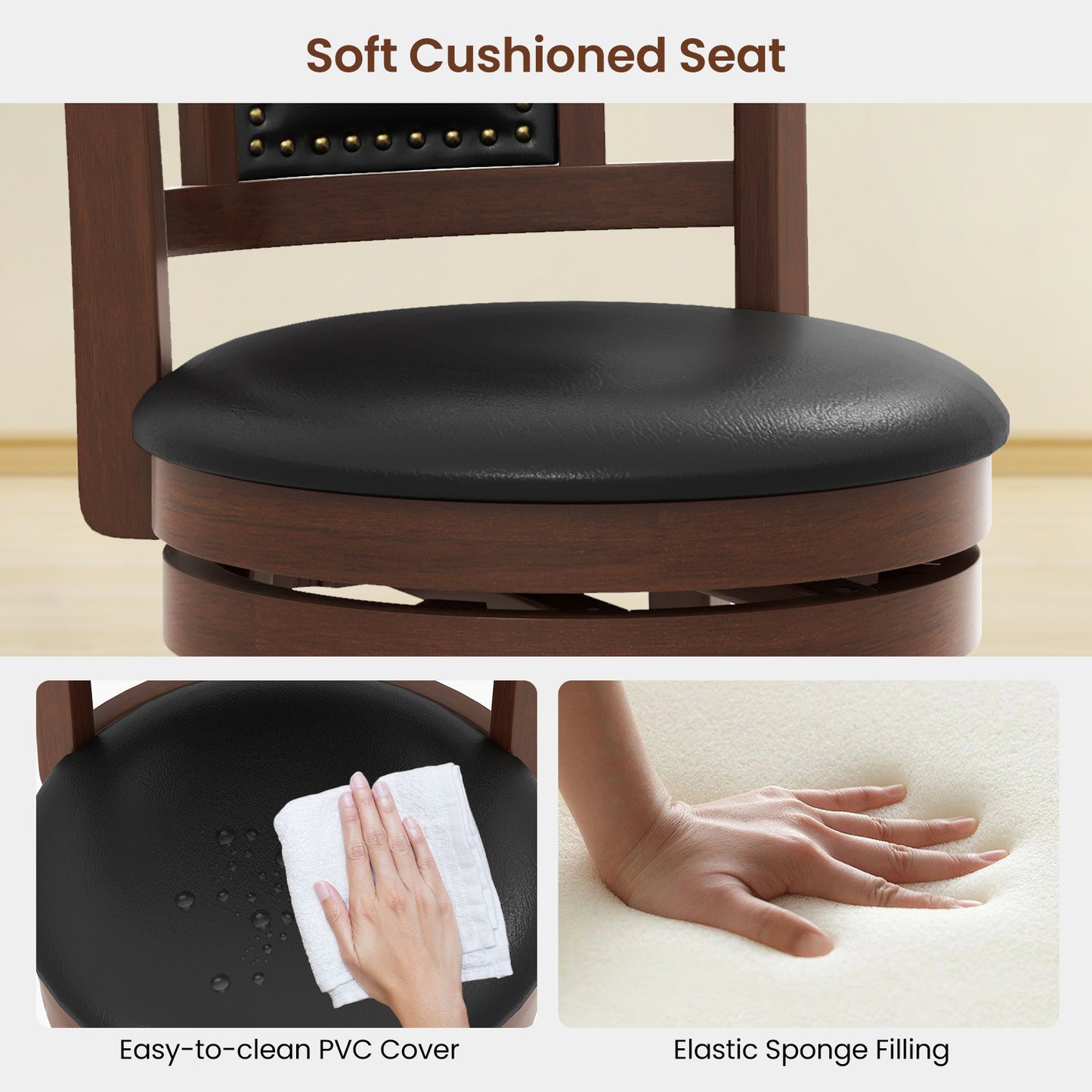 Upholstered Swivel Counter Height Bar Stools Set of 2 with Footrest and Curved Back, 30.5 Inch
