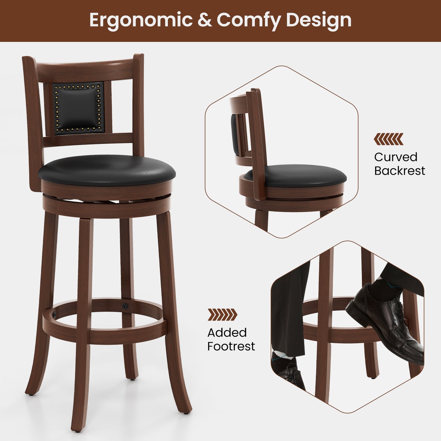Upholstered Swivel Counter Height Bar Stools Set of 2 with Footrest and Curved Back, 30.5 Inch