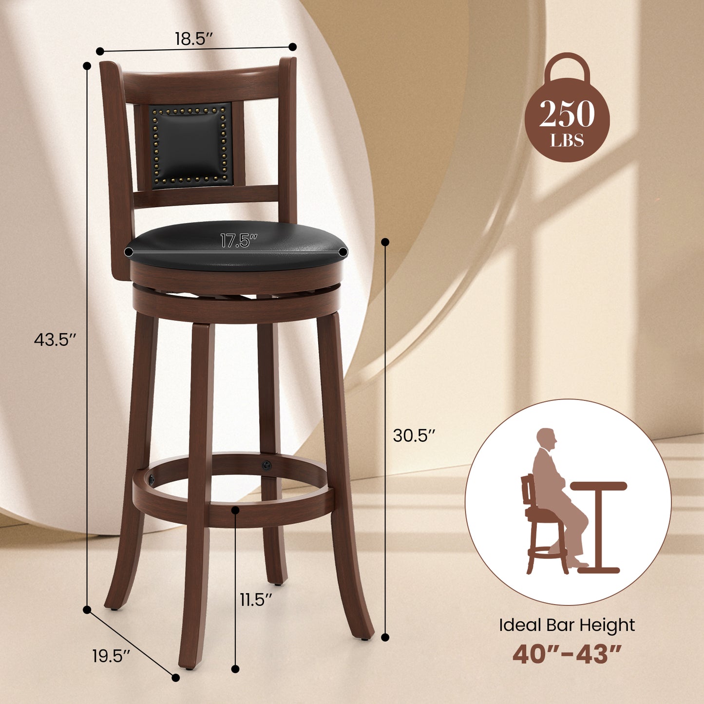 Upholstered Swivel Counter Height Bar Stools Set of 2 with Footrest and Curved Back, 30.5 Inch