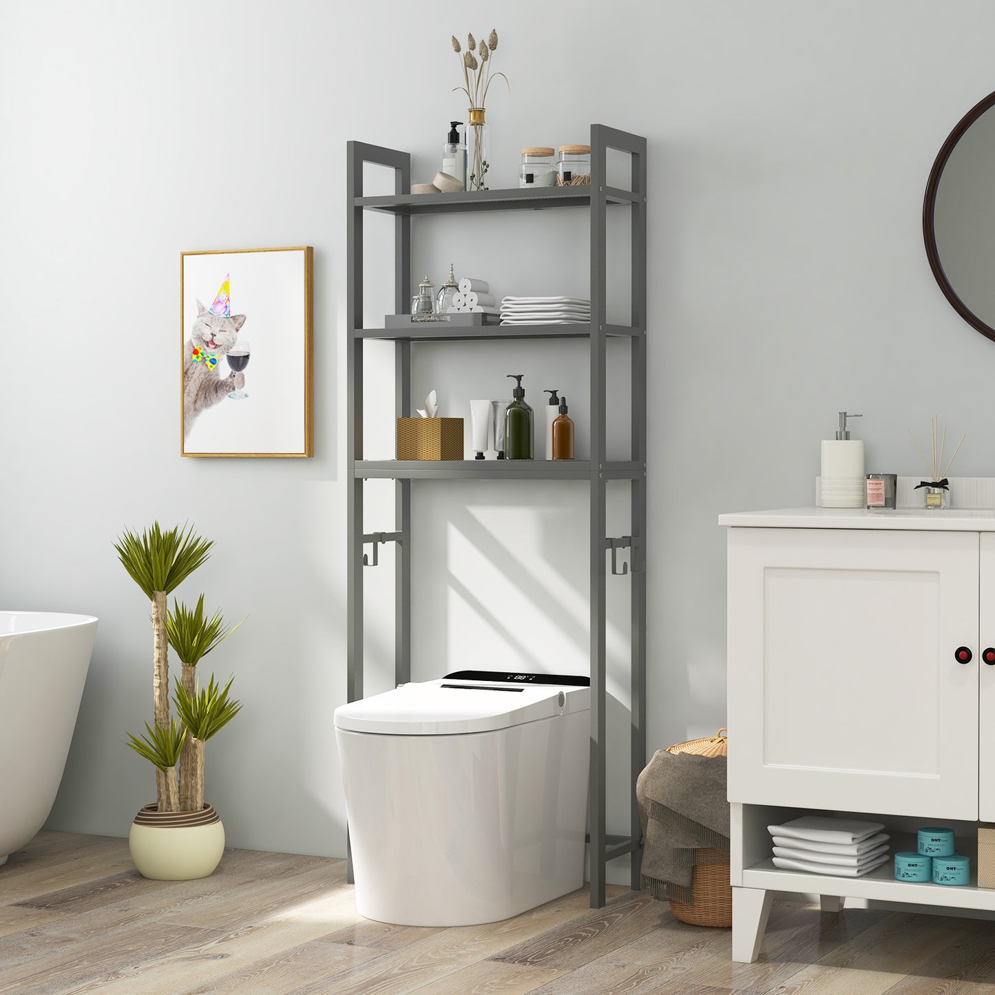 Space Saving Over-The-Toilet Metal Storage Rack with Hooks