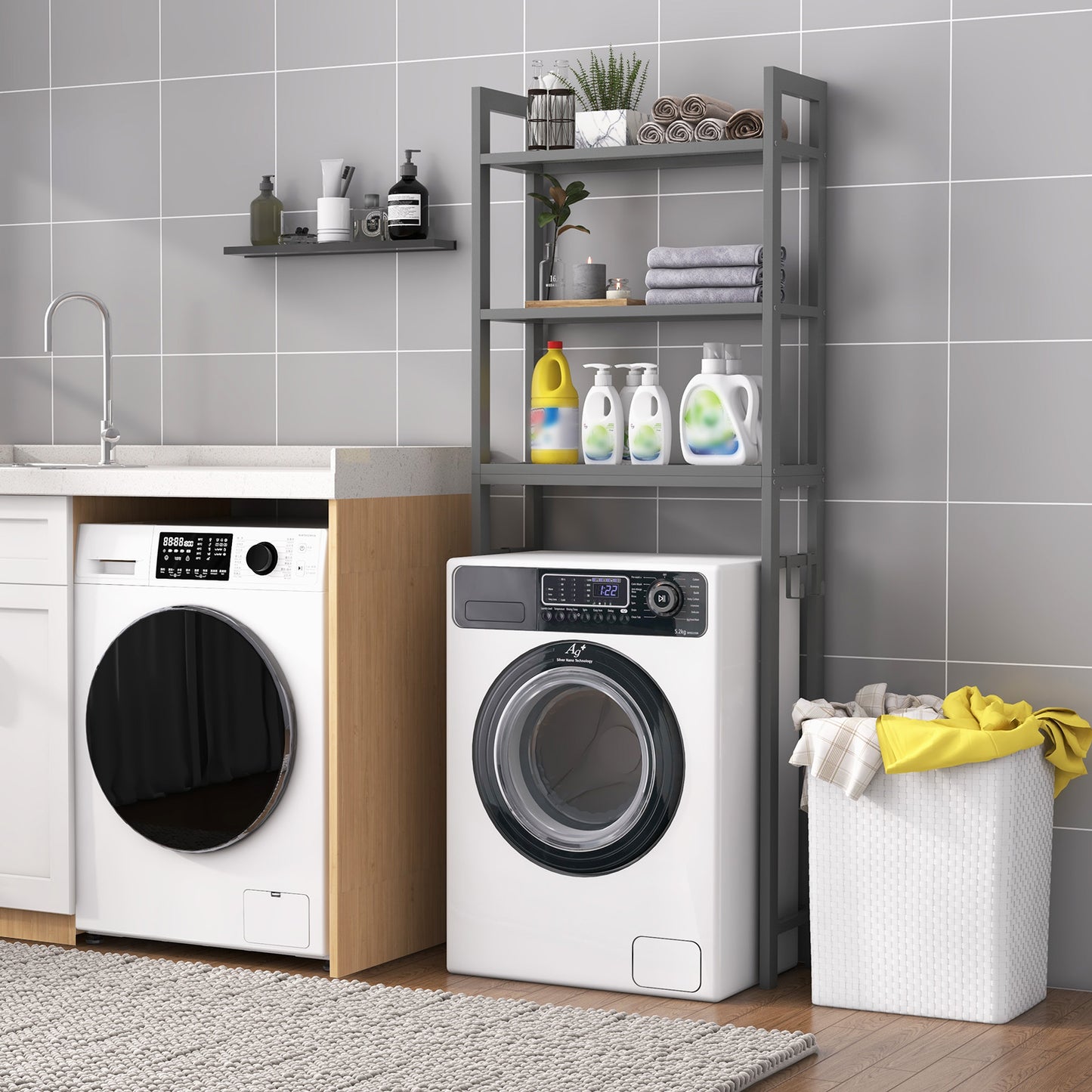 Space Saving Over-The-Toilet Metal Storage Rack with Hooks