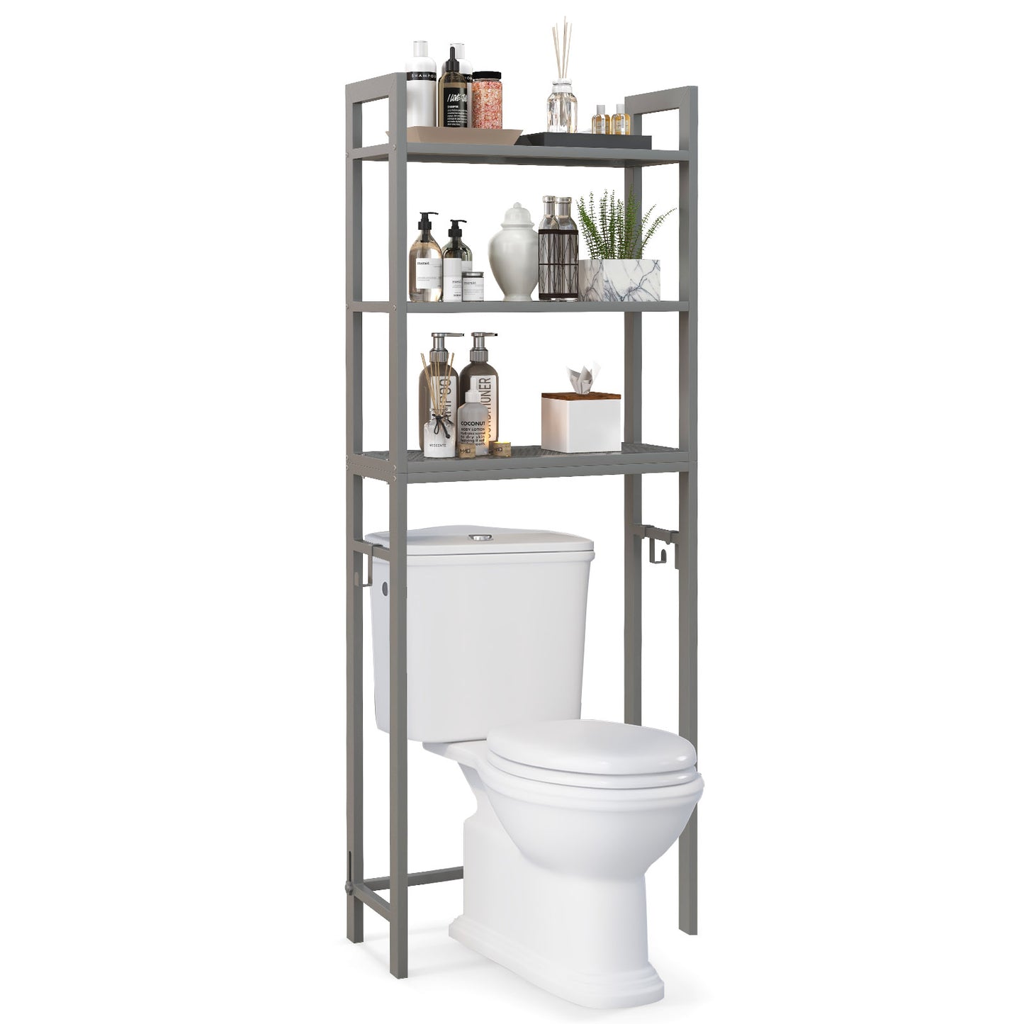 Space Saving Over-The-Toilet Metal Storage Rack with Hooks