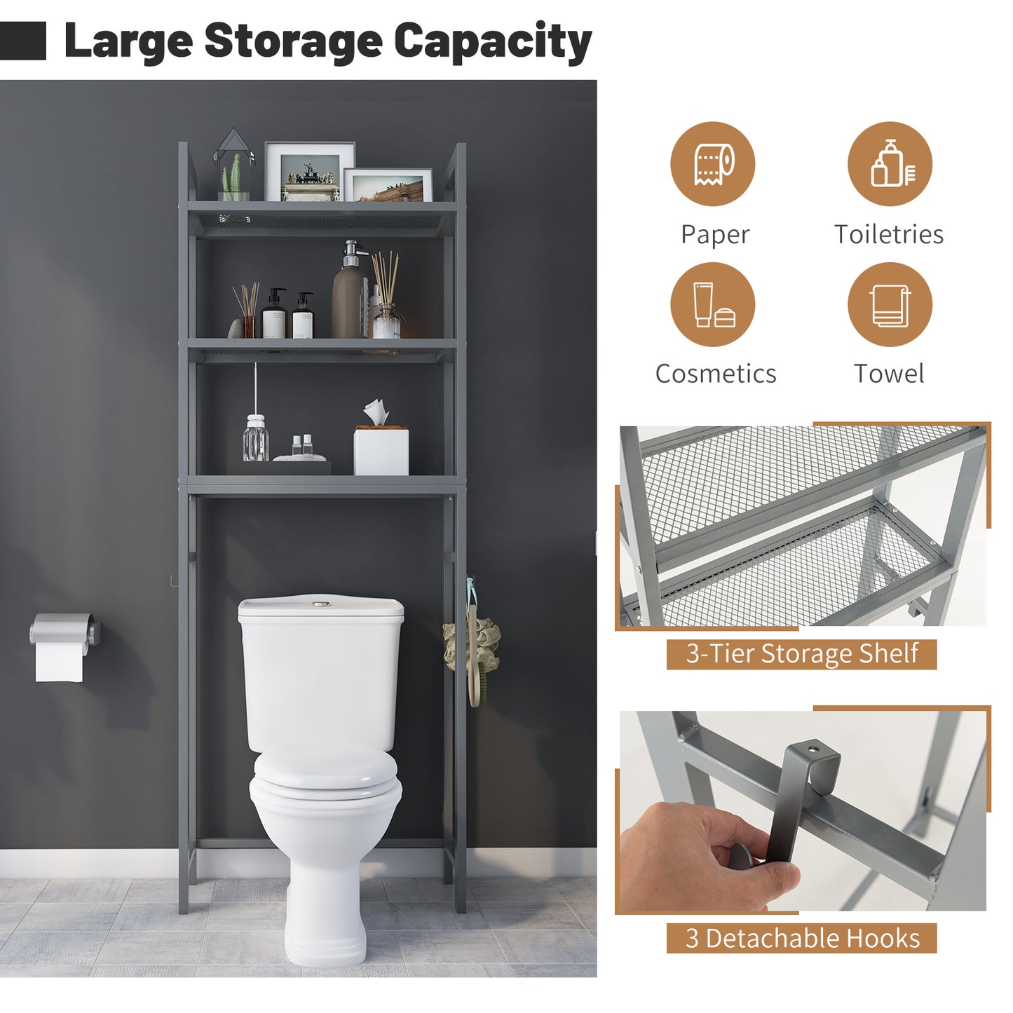 Space Saving Over-The-Toilet Metal Storage Rack with Hooks