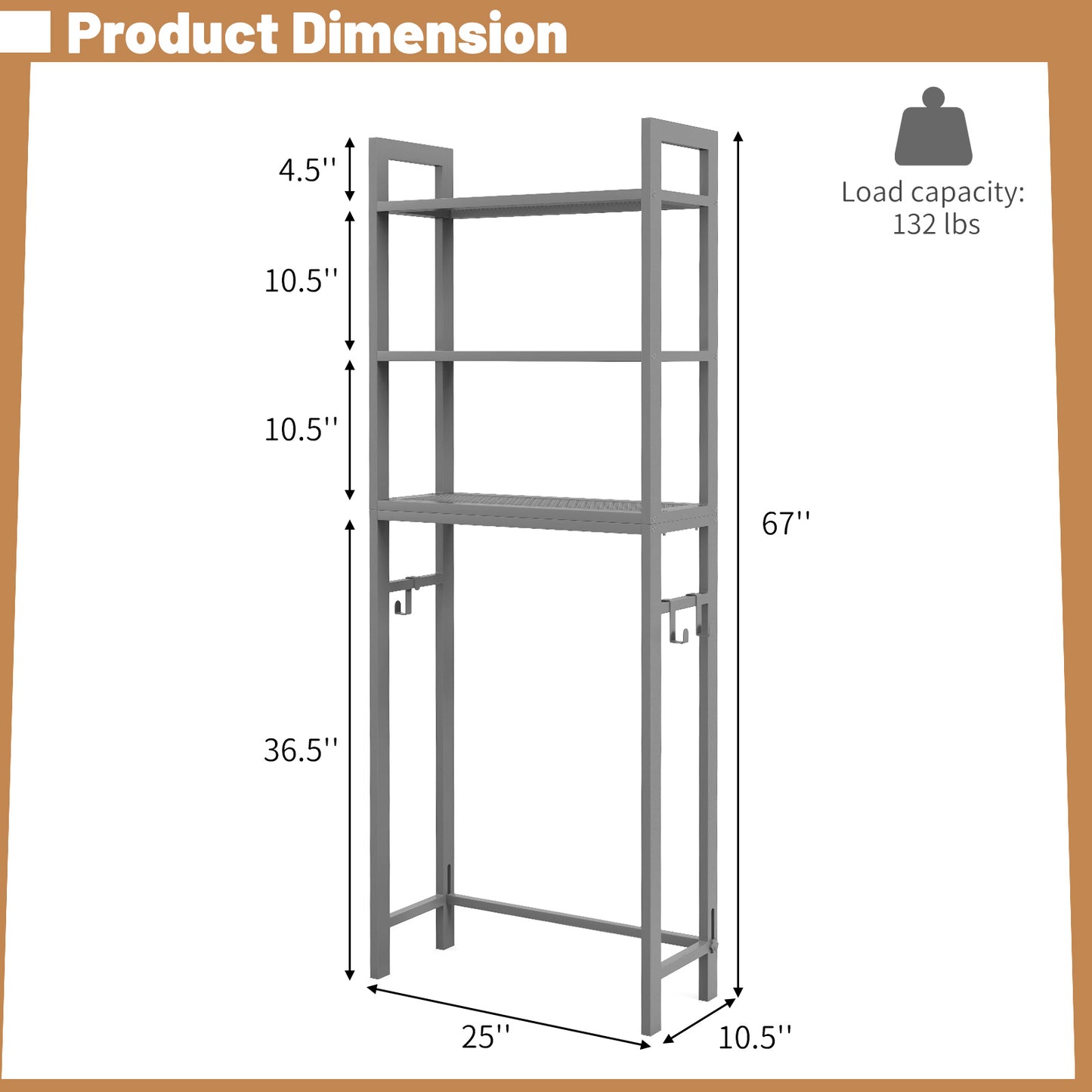 Space Saving Over-The-Toilet Metal Storage Rack with Hooks