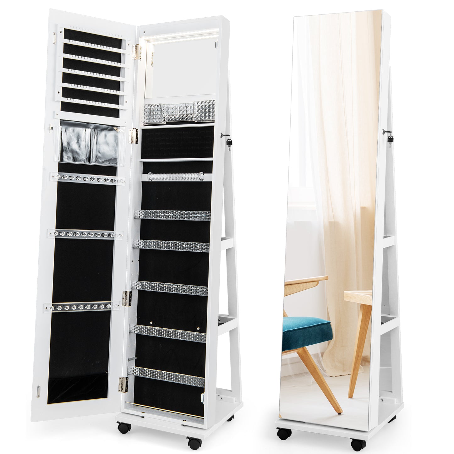 64 Inch Lockable Jewelry Armoire with Built-In LED Makeup Mirror, Large Storage, and Full-Length Mirror – White