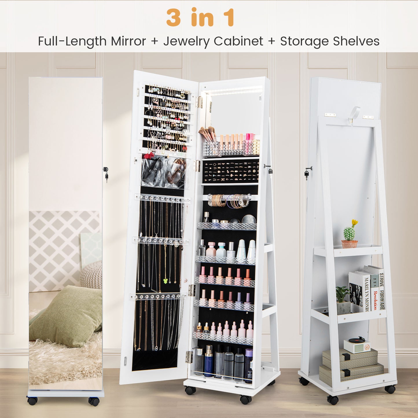 64 Inch Lockable Jewelry Armoire with Built-In LED Makeup Mirror, Large Storage, and Full-Length Mirror – White
