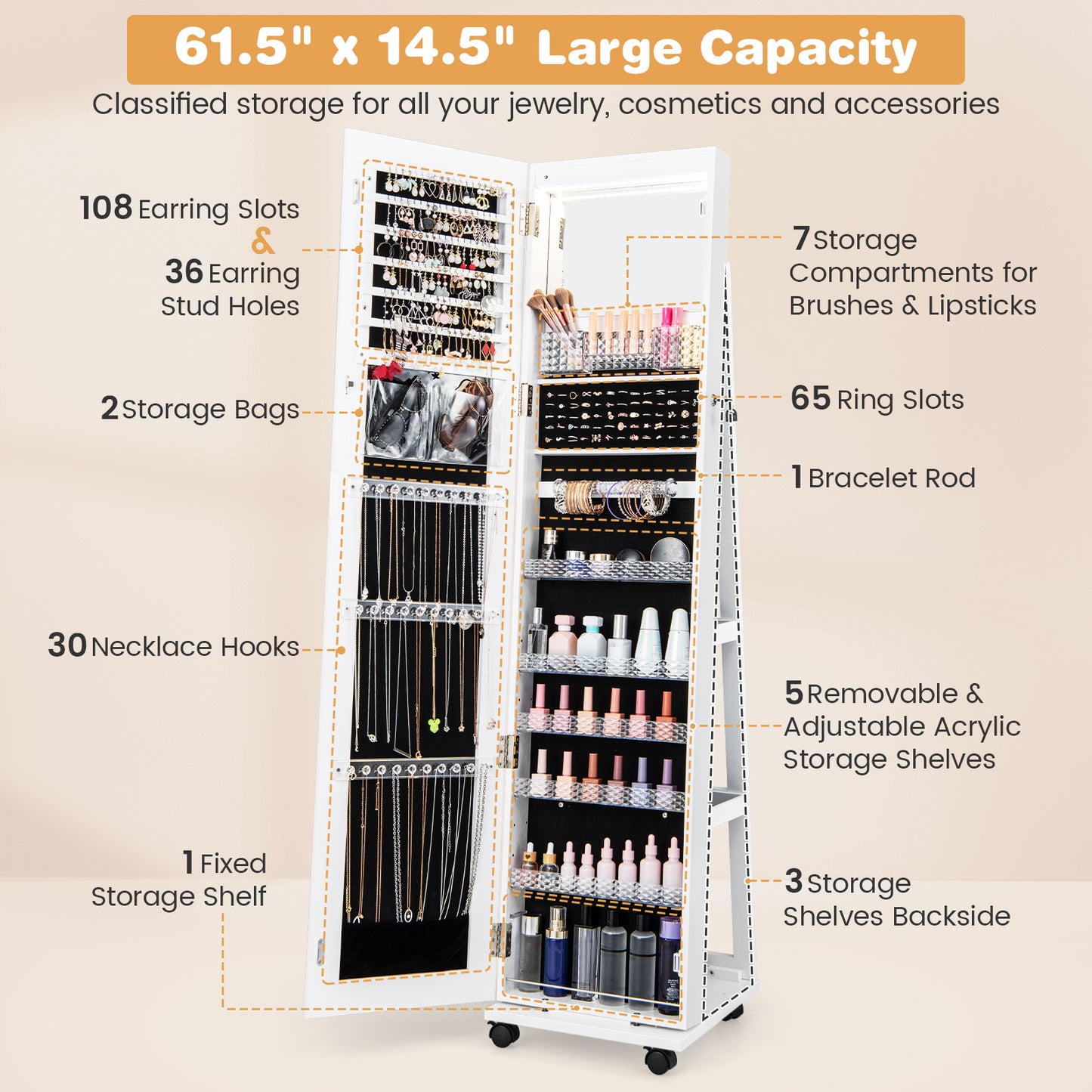64 Inch Lockable Jewelry Armoire with Built-In LED Makeup Mirror, Large Storage, and Full-Length Mirror – White