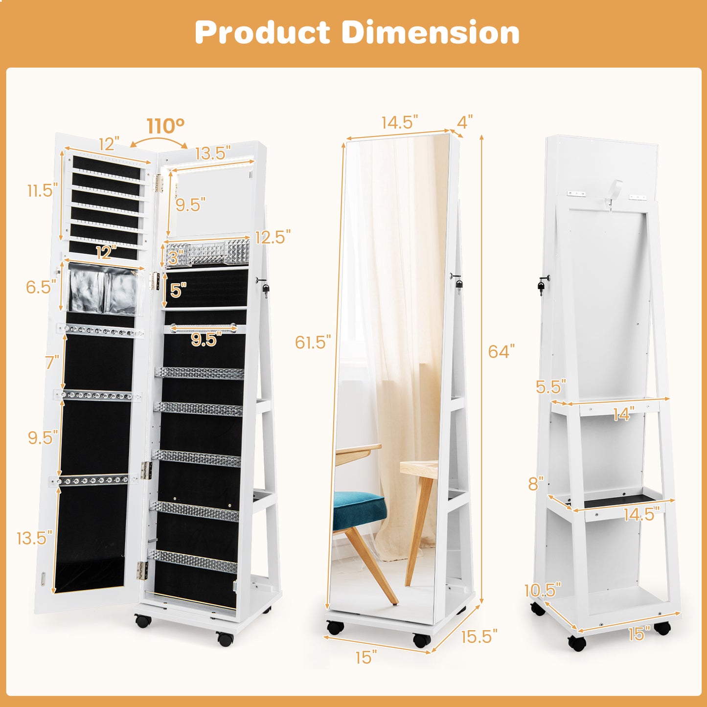 64 Inch Lockable Jewelry Armoire with Built-In LED Makeup Mirror, Large Storage, and Full-Length Mirror – White