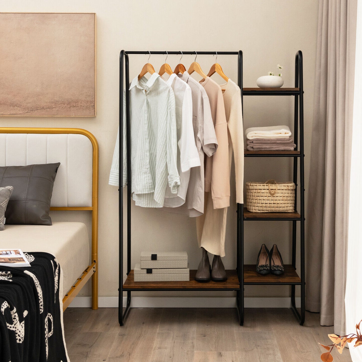 Freestanding Clothes Rack with Metal Frame and 5-Tier Storage Tower in Black – Multifunctional Organizer for Bedroom, Closet, Entryway