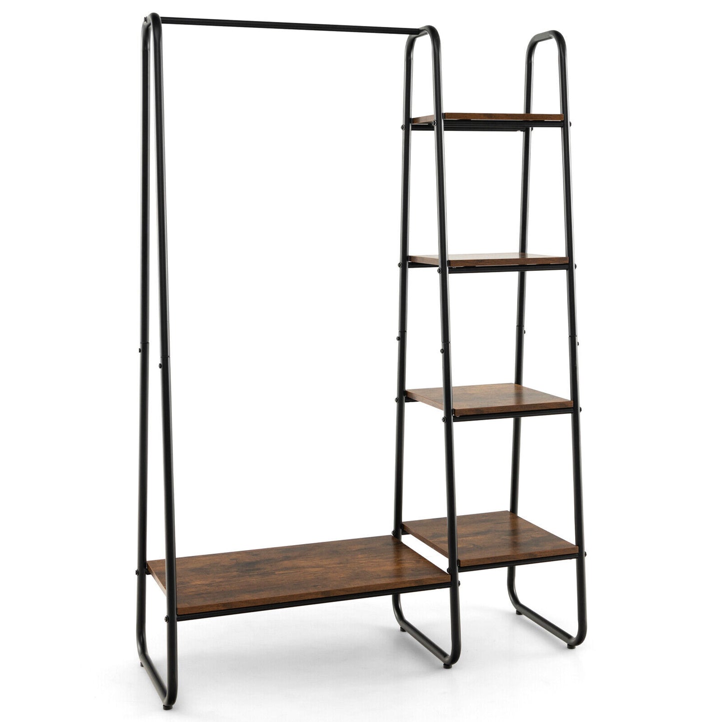 Freestanding Clothes Rack with Metal Frame and 5-Tier Storage Tower in Black – Multifunctional Organizer for Bedroom, Closet, Entryway