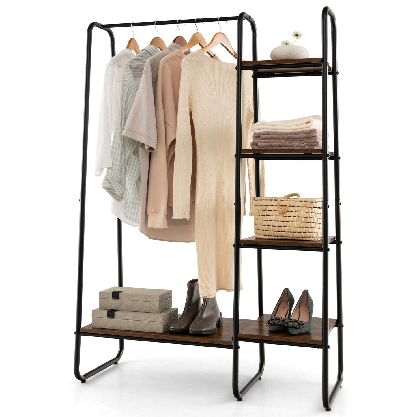 Freestanding Clothes Rack with Metal Frame and 5-Tier Storage Tower in Black – Multifunctional Organizer for Bedroom, Closet, Entryway