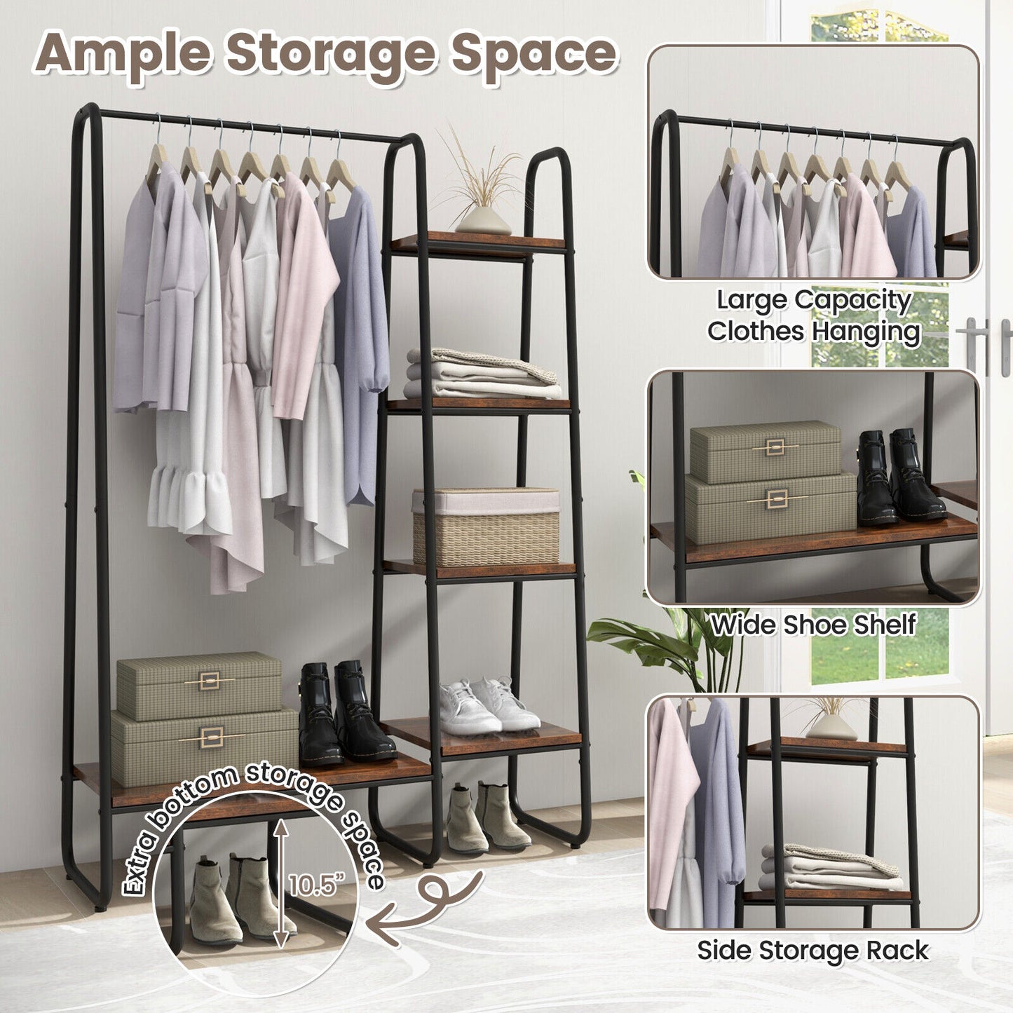 Freestanding Clothes Rack with Metal Frame and 5-Tier Storage Tower in Black – Multifunctional Organizer for Bedroom, Closet, Entryway