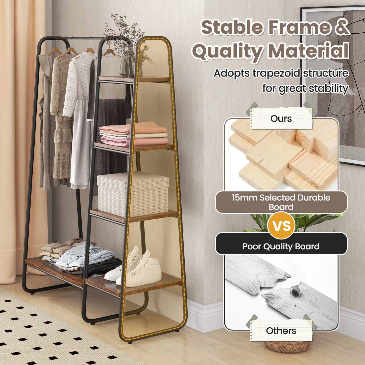 Freestanding Clothes Rack with Metal Frame and 5-Tier Storage Tower in Black – Multifunctional Organizer for Bedroom, Closet, Entryway