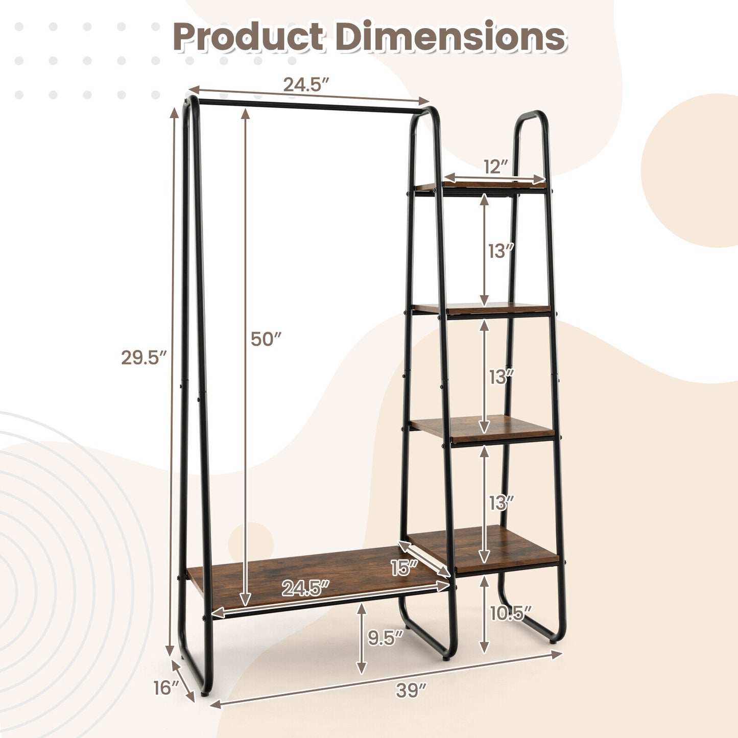 Freestanding Clothes Rack with Metal Frame and 5-Tier Storage Tower in Black – Multifunctional Organizer for Bedroom, Closet, Entryway