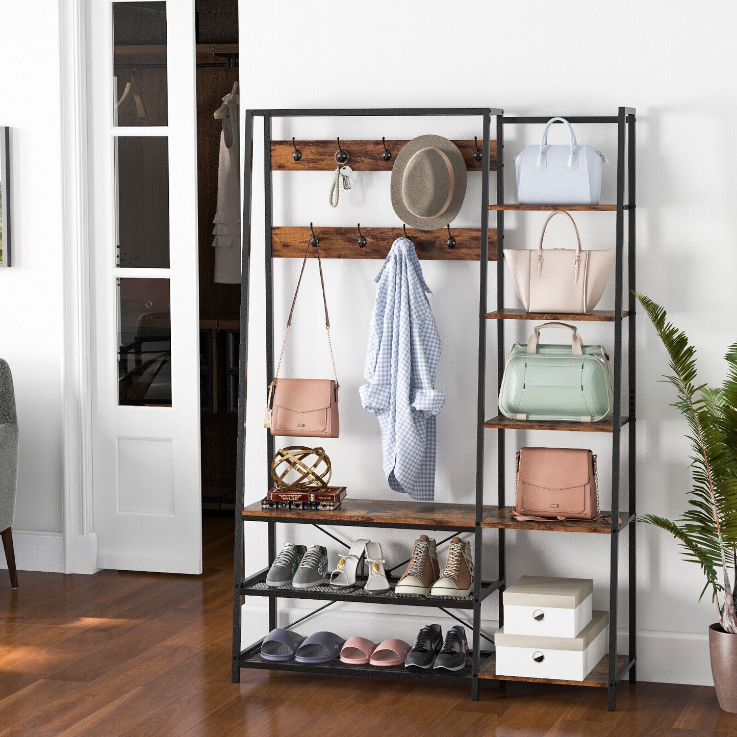 5 in 1 Hall Tree with Storage Bench 9 Hooks and Shelves for Entryway