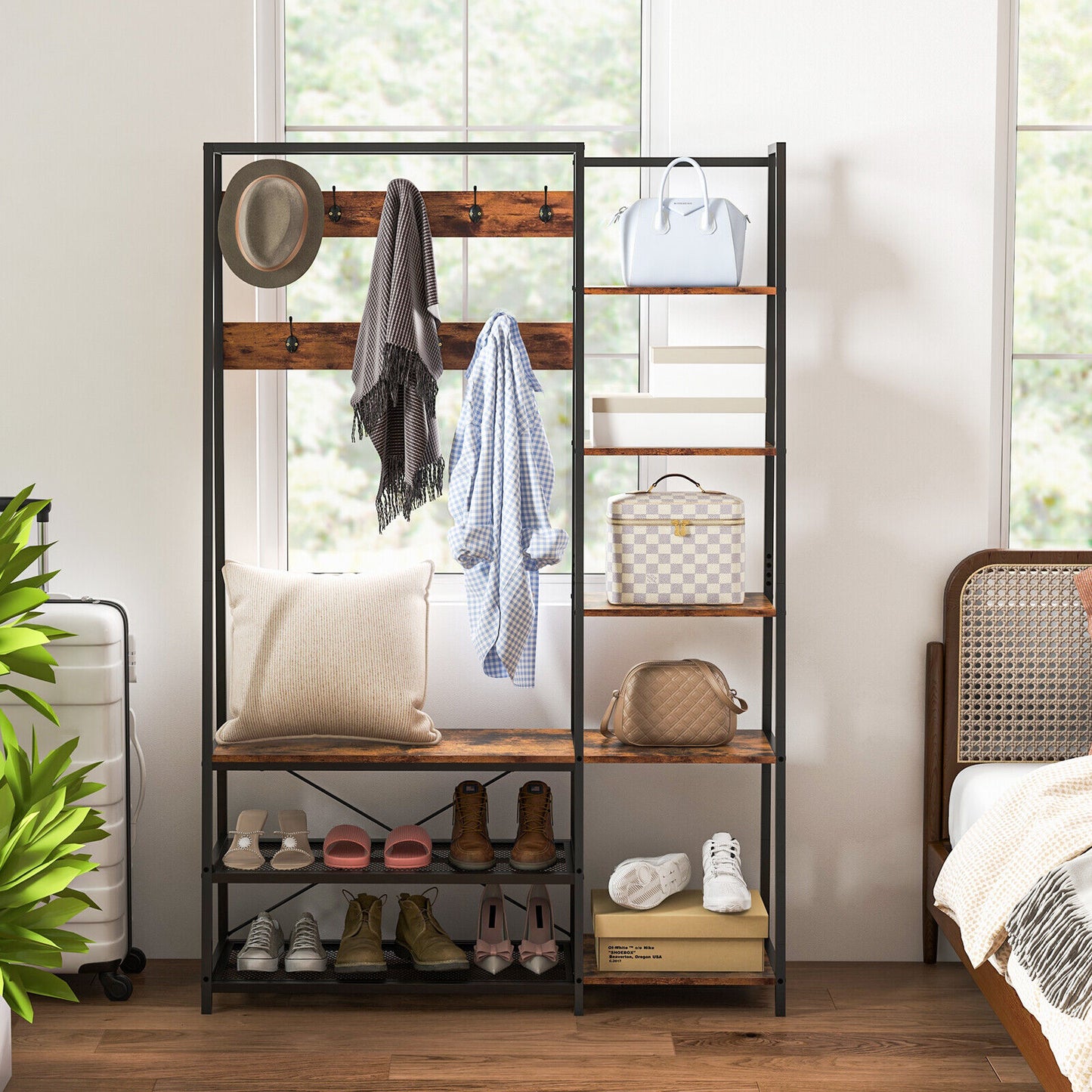 5 in 1 Hall Tree with Storage Bench 9 Hooks and Shelves for Entryway