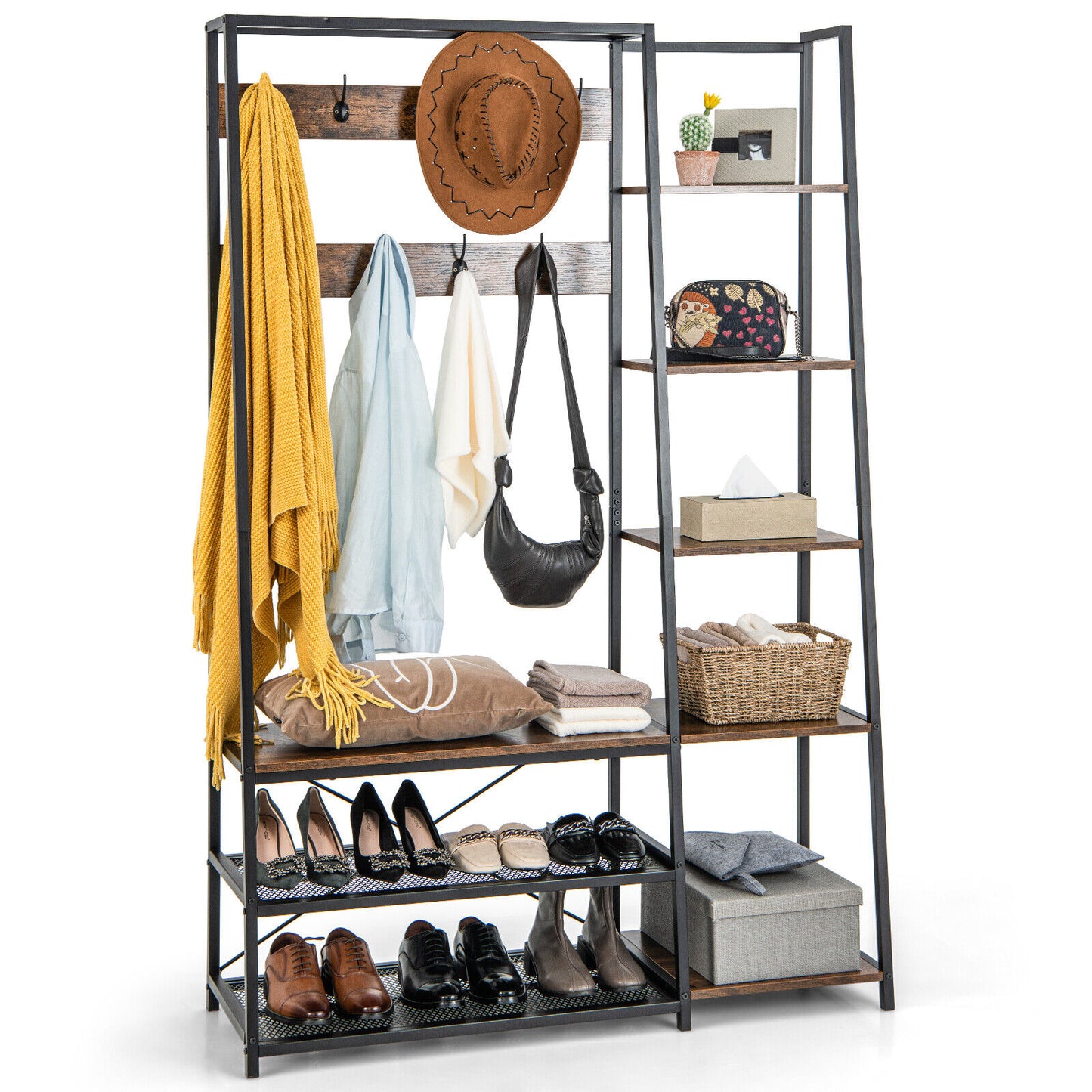 5 in 1 Hall Tree with Storage Bench 9 Hooks and Shelves for Entryway