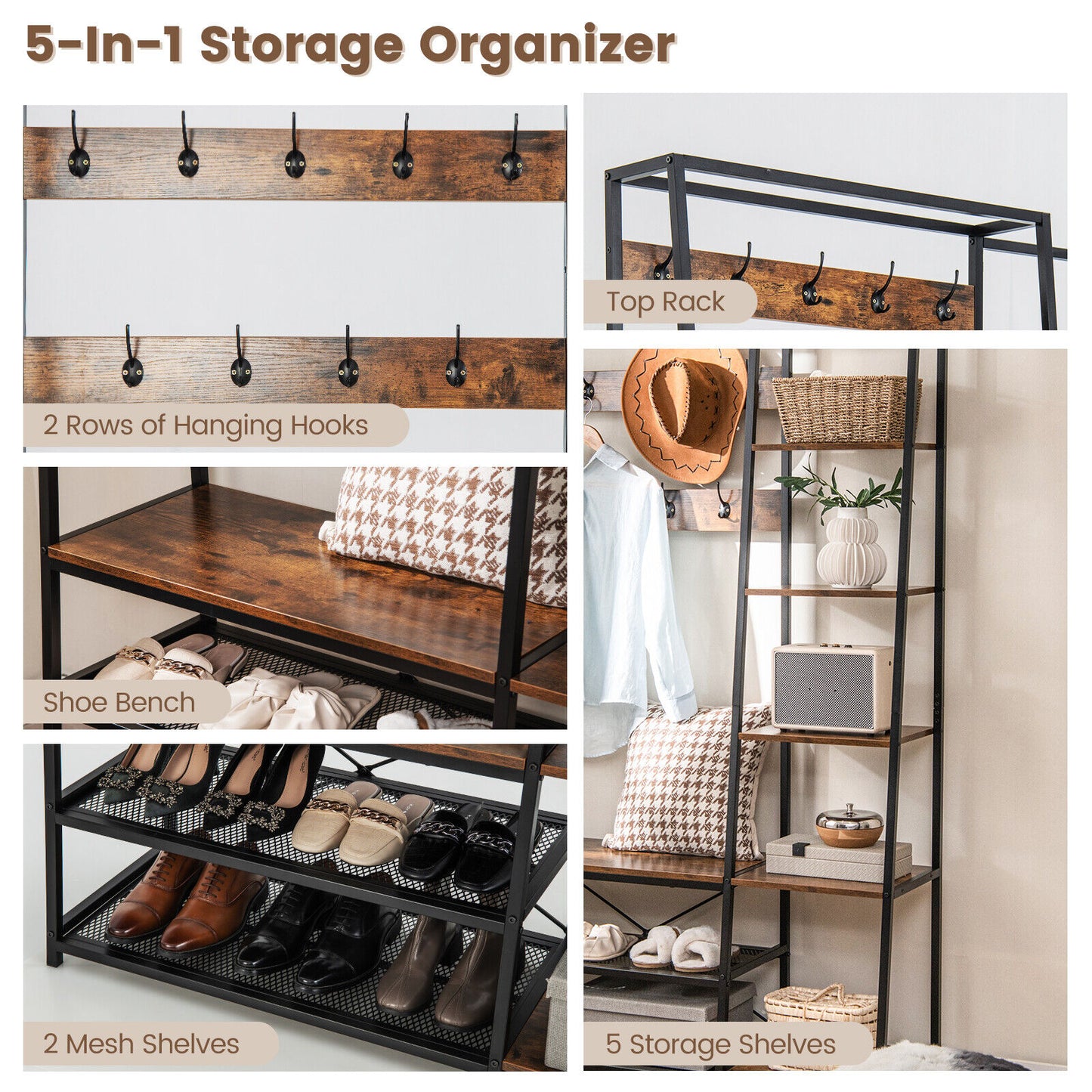 5 in 1 Hall Tree with Storage Bench 9 Hooks and Shelves for Entryway