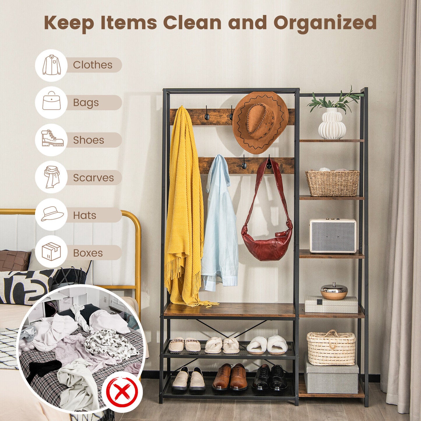 5 in 1 Hall Tree with Storage Bench 9 Hooks and Shelves for Entryway
