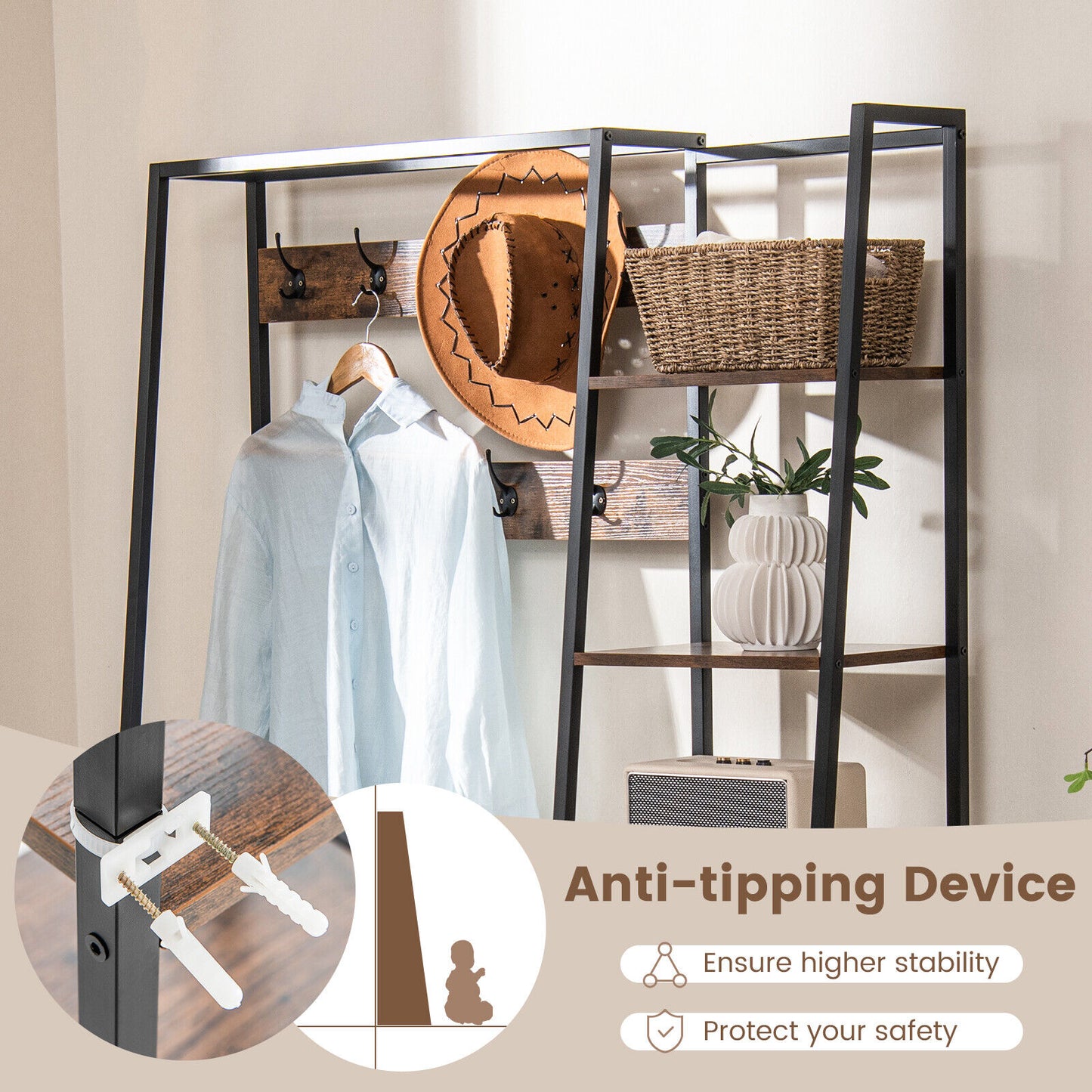 5 in 1 Hall Tree with Storage Bench 9 Hooks and Shelves for Entryway