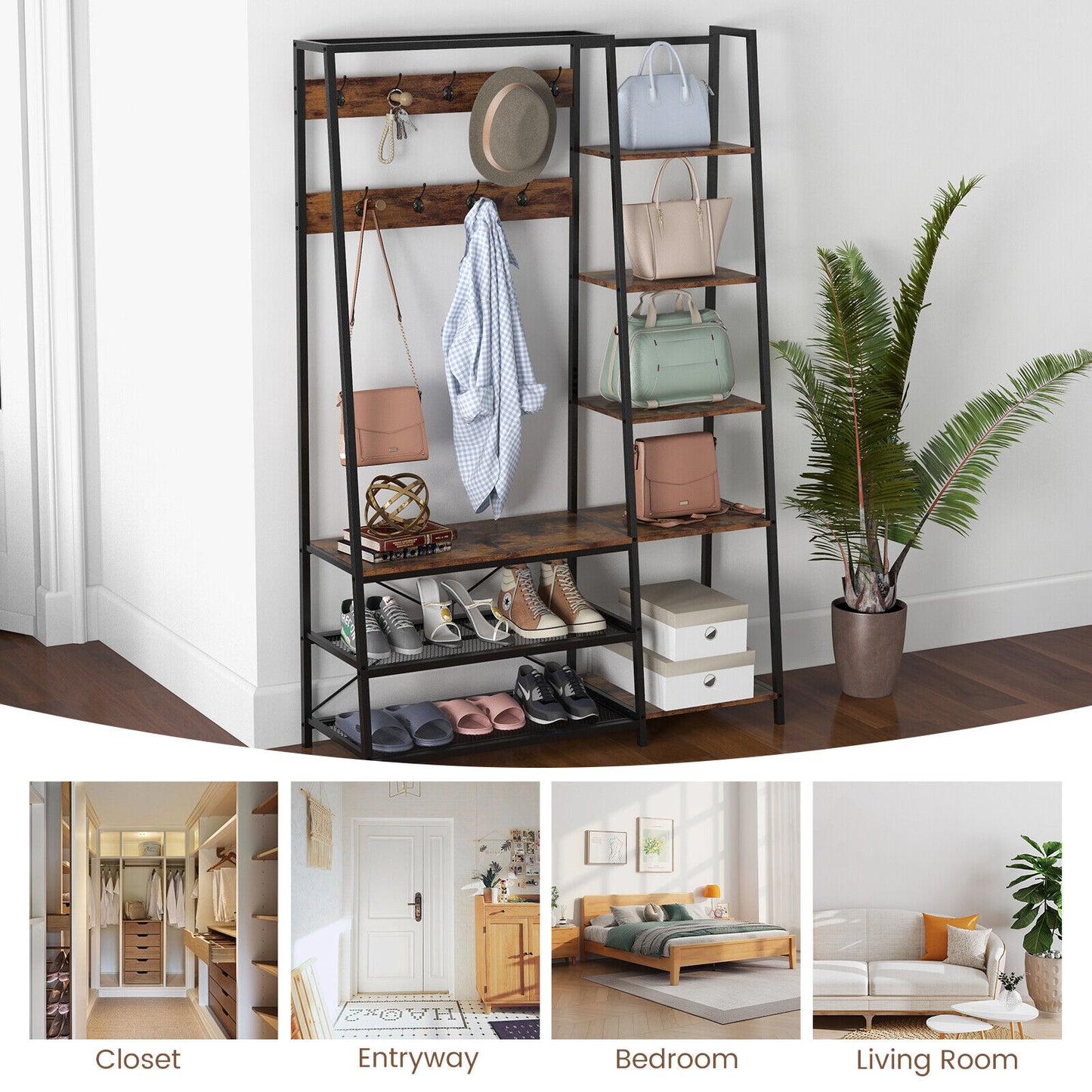 5 in 1 Hall Tree with Storage Bench 9 Hooks and Shelves for Entryway