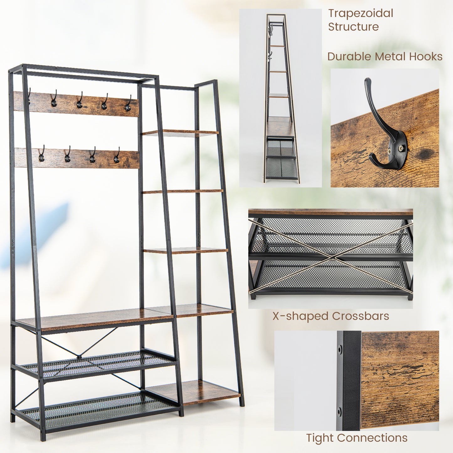 5 in 1 Hall Tree with Storage Bench 9 Hooks and Shelves for Entryway