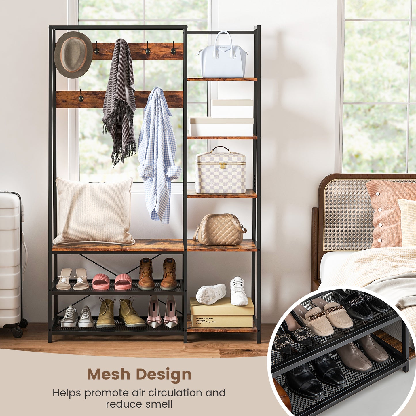 5 in 1 Hall Tree with Storage Bench 9 Hooks and Shelves for Entryway