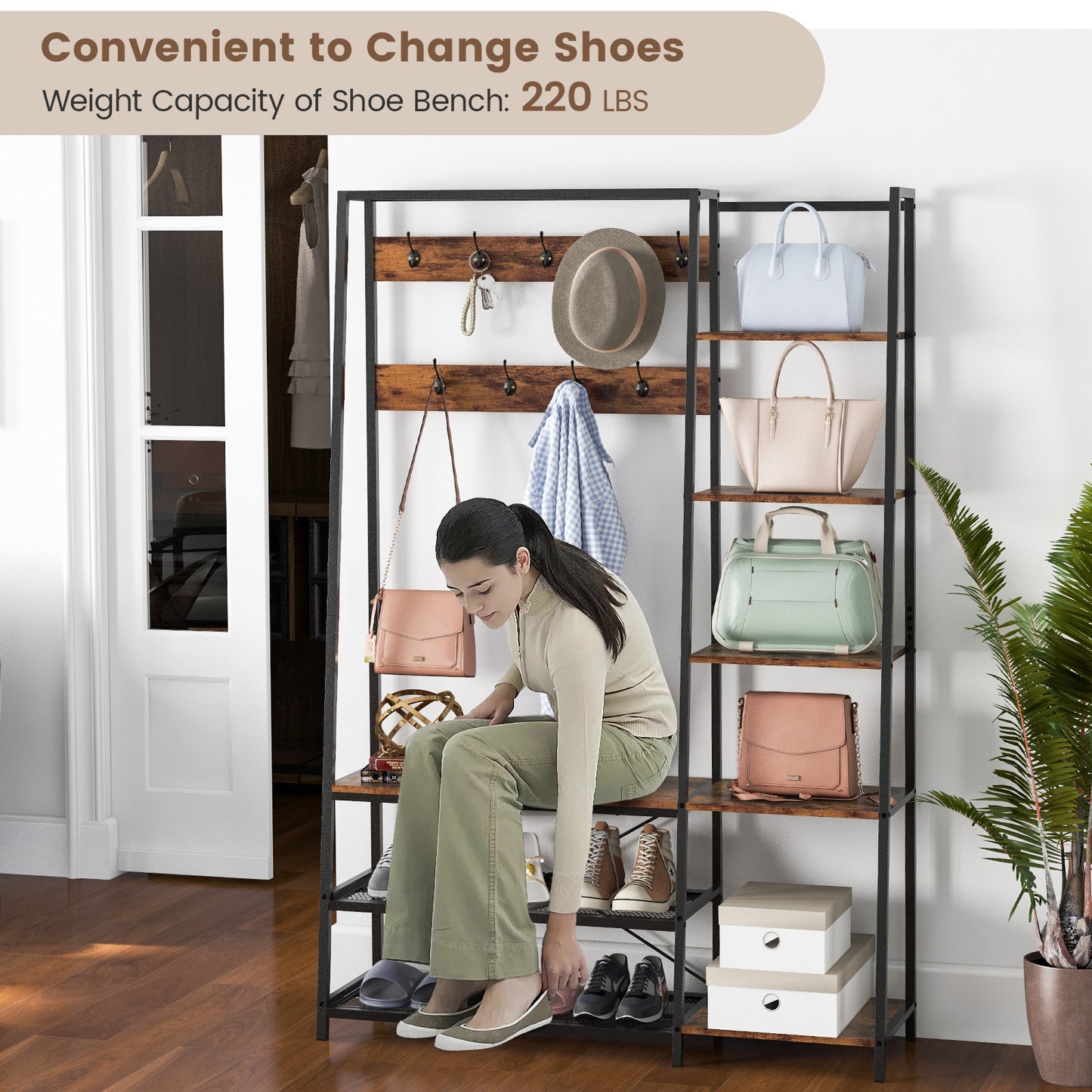 5 in 1 Hall Tree with Storage Bench 9 Hooks and Shelves for Entryway