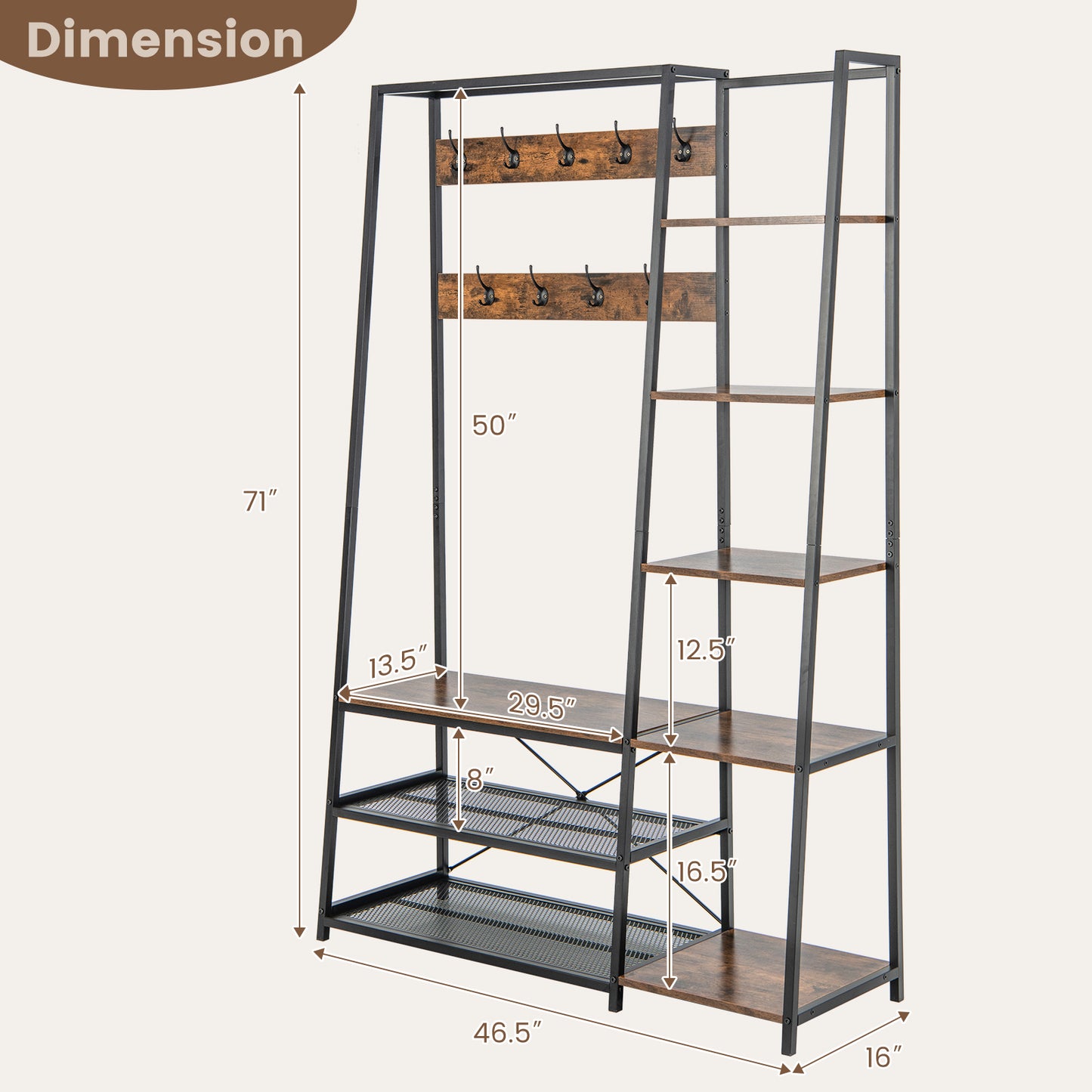 5 in 1 Hall Tree with Storage Bench 9 Hooks and Shelves for Entryway