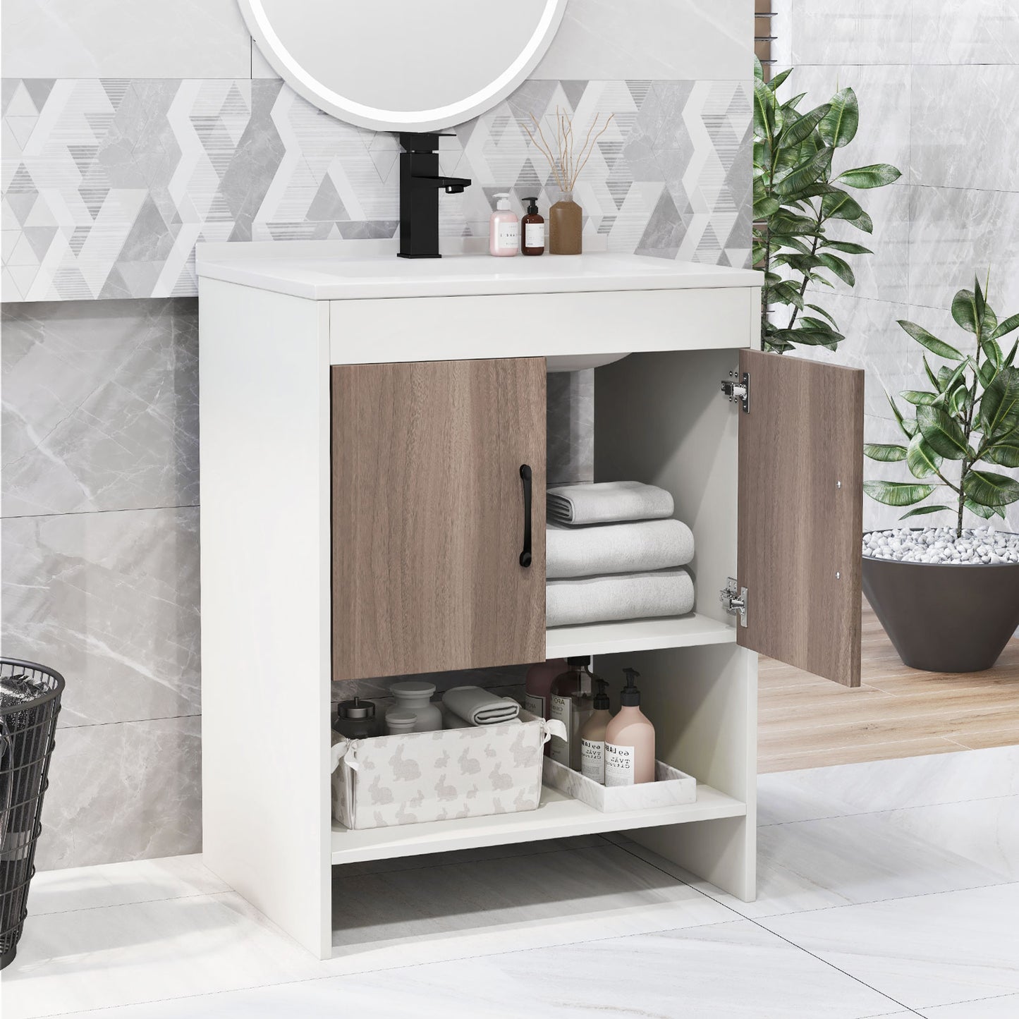 25" Modern Bathroom Vanity Sink Combo with Cabinet & Open Storage Shelf