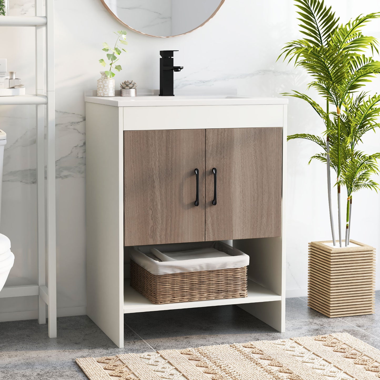 25" Modern Bathroom Vanity Sink Combo with Cabinet & Open Storage Shelf