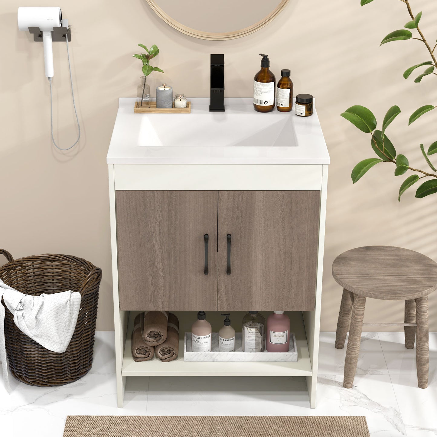 25" Modern Bathroom Vanity Sink Combo with Cabinet & Open Storage Shelf