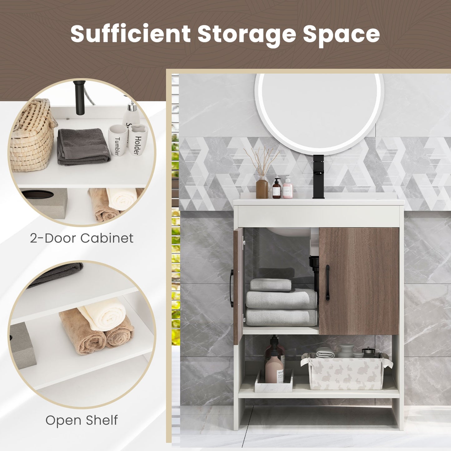 25" Modern Bathroom Vanity Sink Combo with Cabinet & Open Storage Shelf