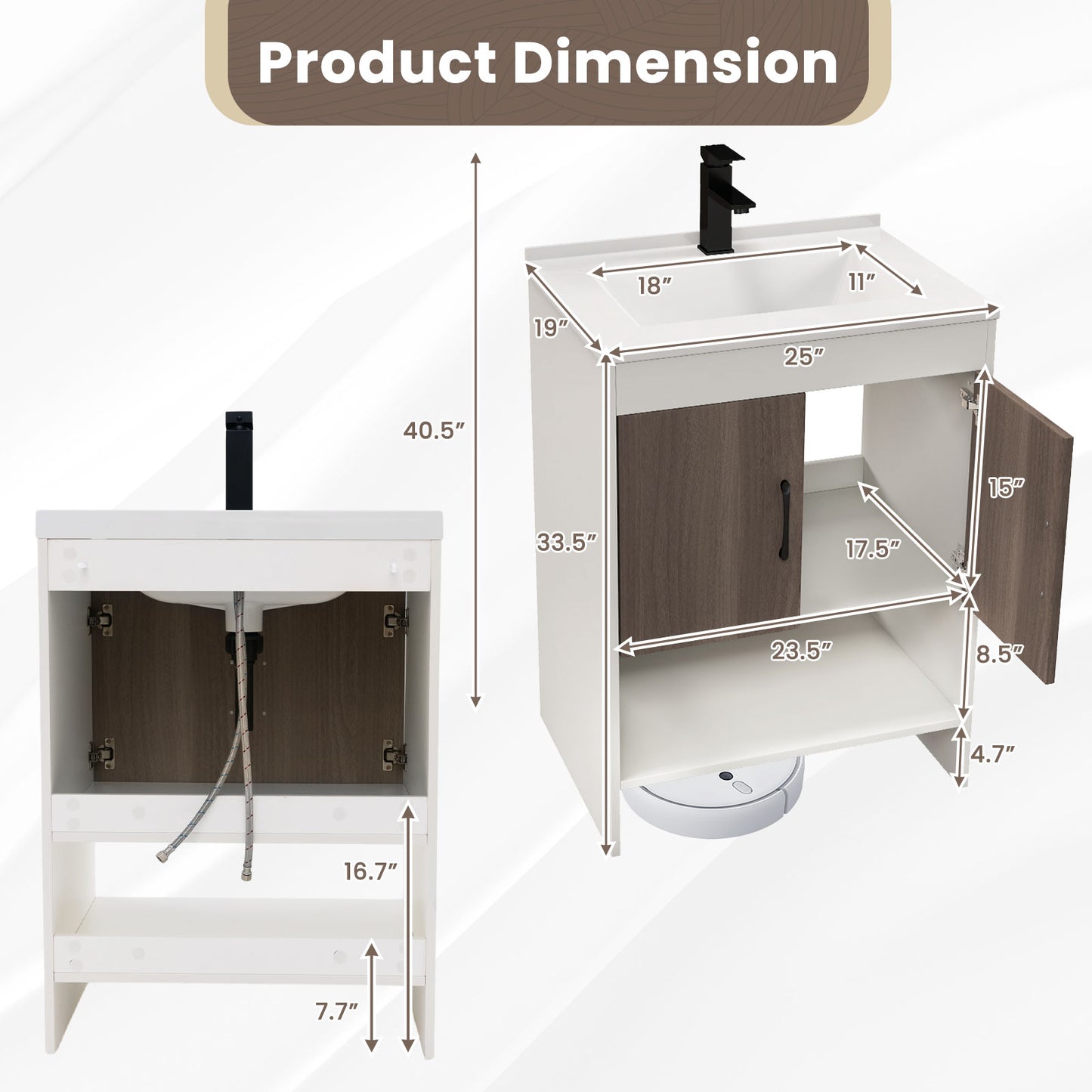 25" Modern Bathroom Vanity Sink Combo with Cabinet & Open Storage Shelf