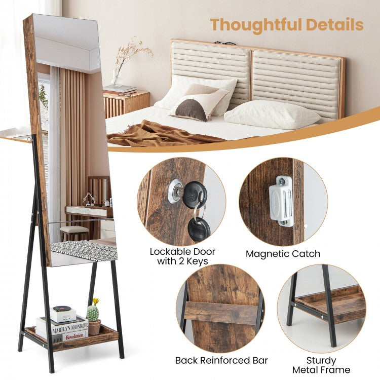LED Jewelry Armoire with Lockable Storage, Full-Length Frameless Mirror, and Removable Shelves – Rustic Brown