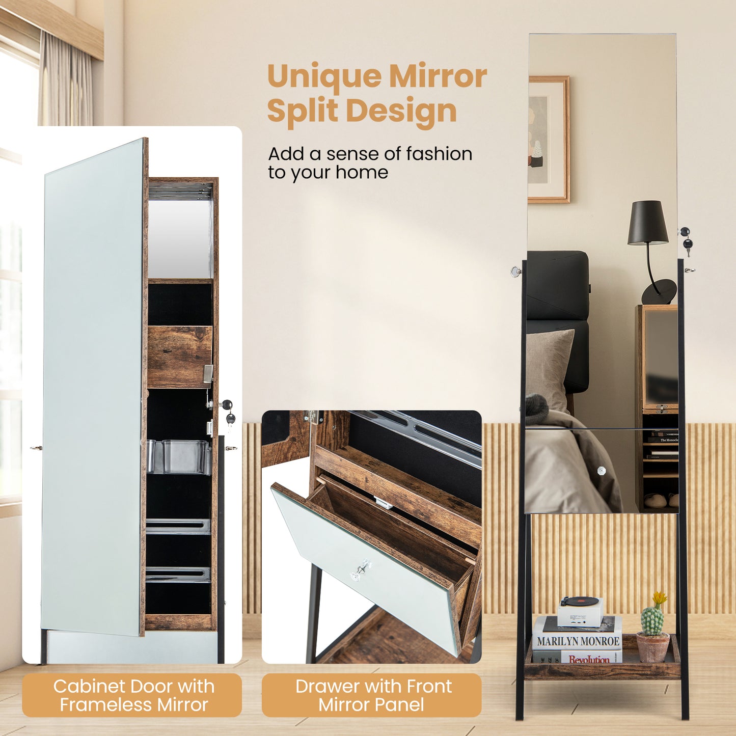 LED Jewelry Armoire with Lockable Storage, Full-Length Frameless Mirror, and Removable Shelves – Rustic Brown
