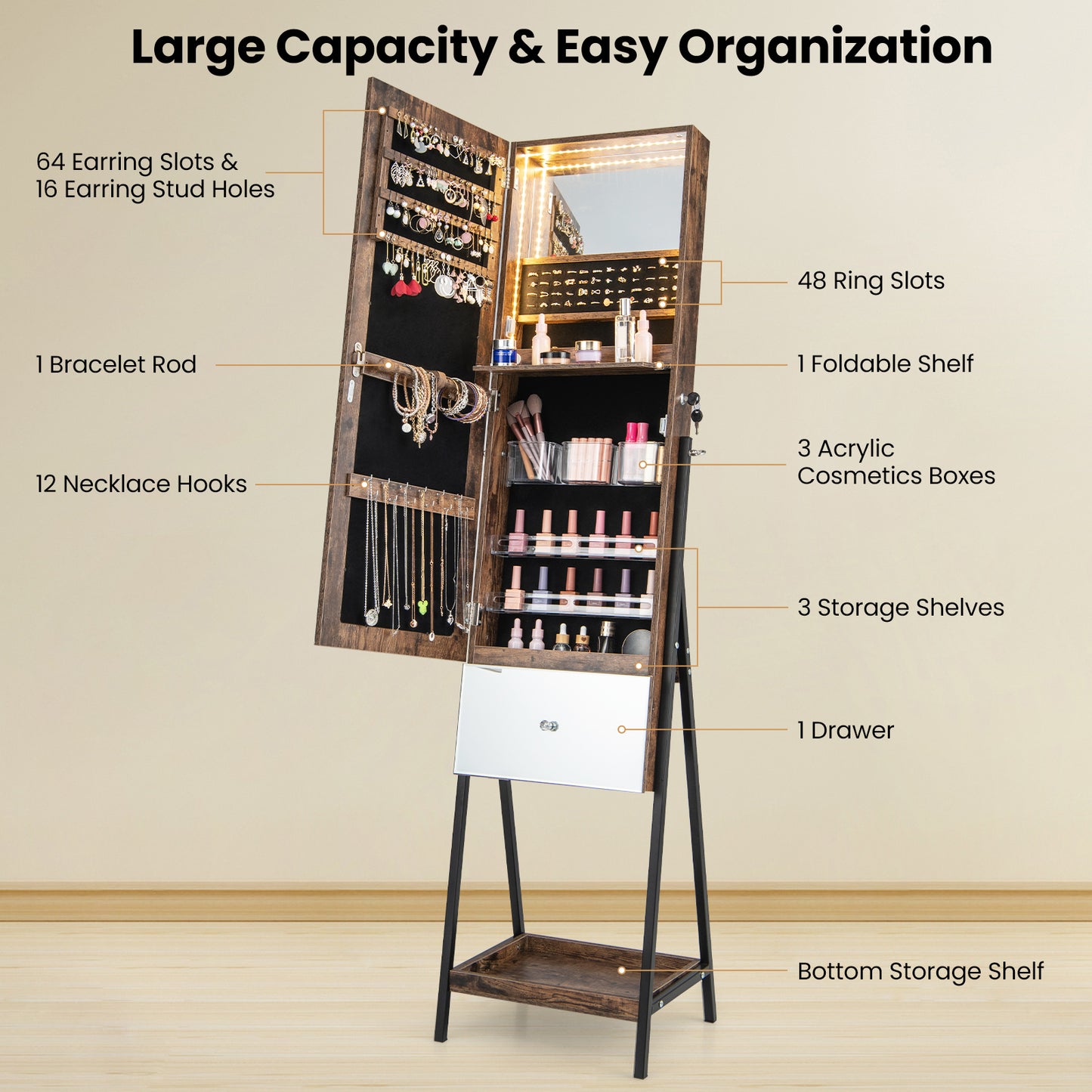 LED Jewelry Armoire with Lockable Storage, Full-Length Frameless Mirror, and Removable Shelves – Rustic Brown