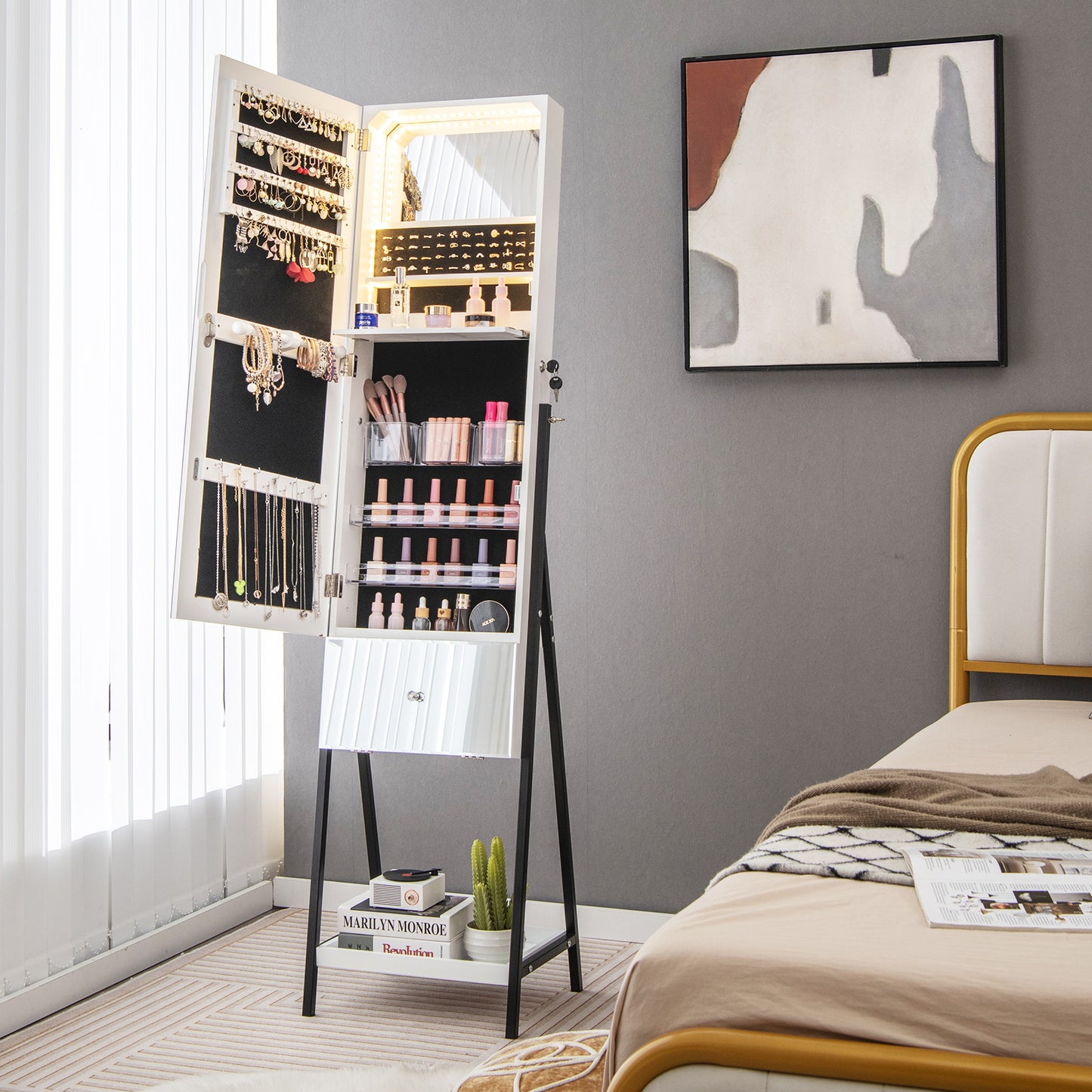 LED Jewelry Armoire with Lockable Storage, Full-Length Frameless Mirror, and Removable Shelves – White