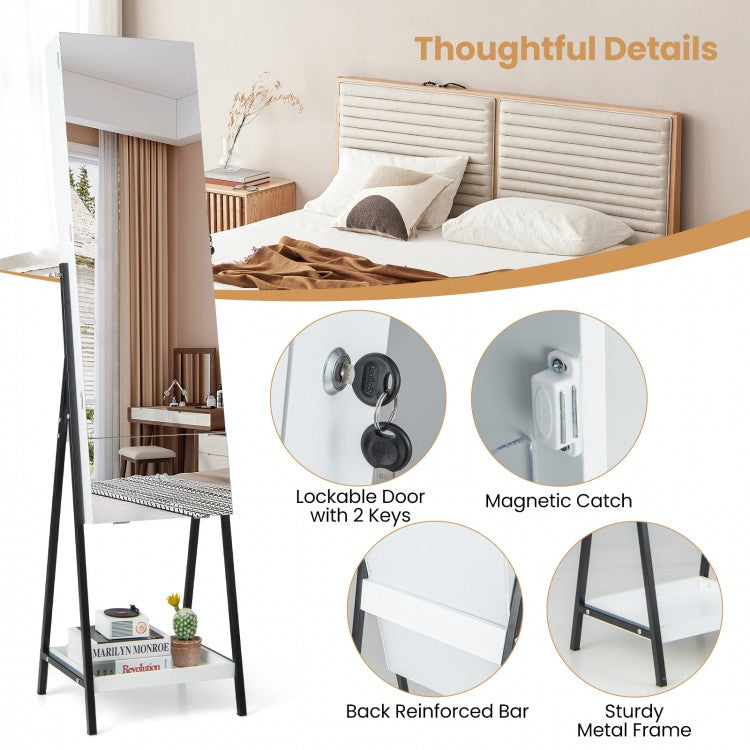 LED Jewelry Armoire with Lockable Storage, Full-Length Frameless Mirror, and Removable Shelves – White