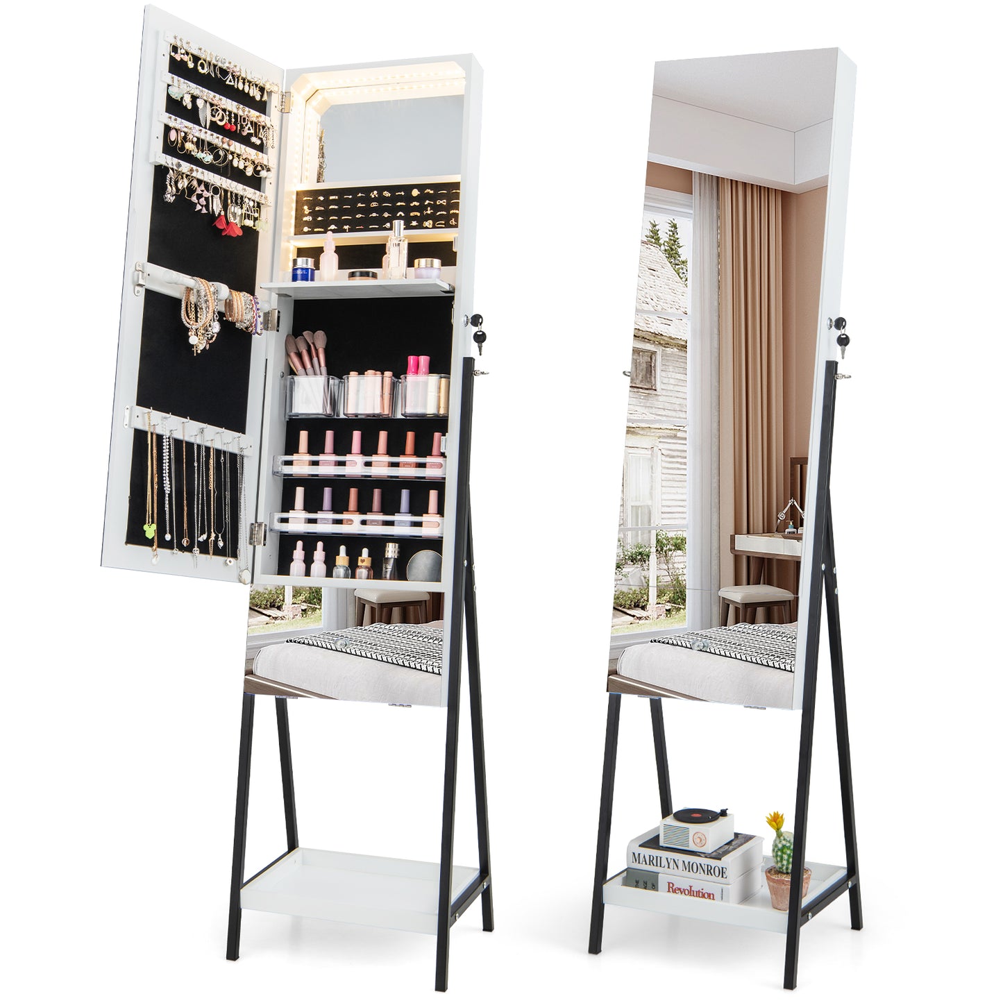 LED Jewelry Armoire with Lockable Storage, Full-Length Frameless Mirror, and Removable Shelves – White