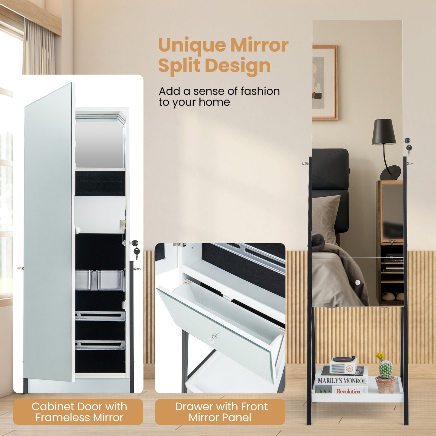 LED Jewelry Armoire with Lockable Storage, Full-Length Frameless Mirror, and Removable Shelves – White