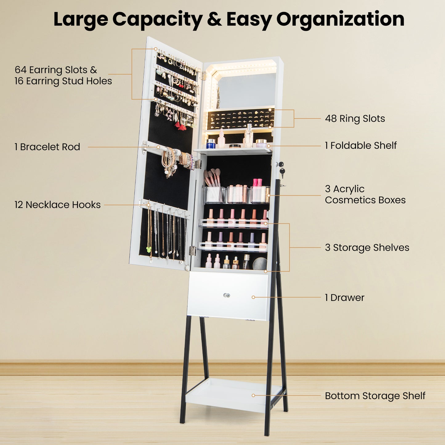 LED Jewelry Armoire with Lockable Storage, Full-Length Frameless Mirror, and Removable Shelves – White