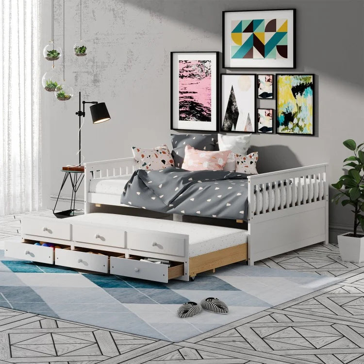 Full Size Wood Daybed with Trundle & 3 Storage Drawers