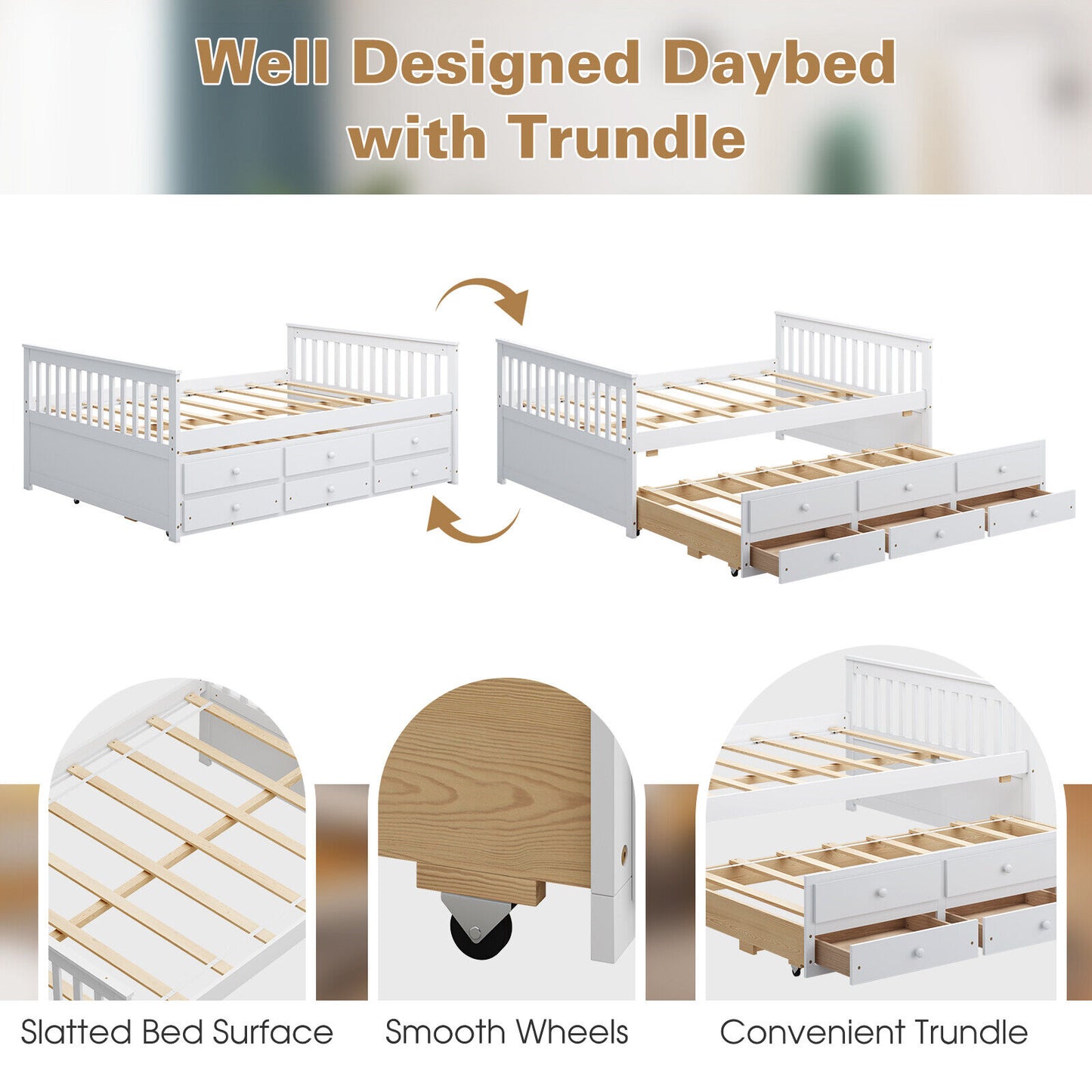 Full Size Wood Daybed with Trundle & 3 Storage Drawers